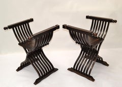 19th Century Pair of Carved Walnut Folding Scissors Savonarola Armchair, Settees