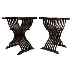 19th Century Pair of Carved Walnut Folding Scissors Savonarola Armchair, Settees