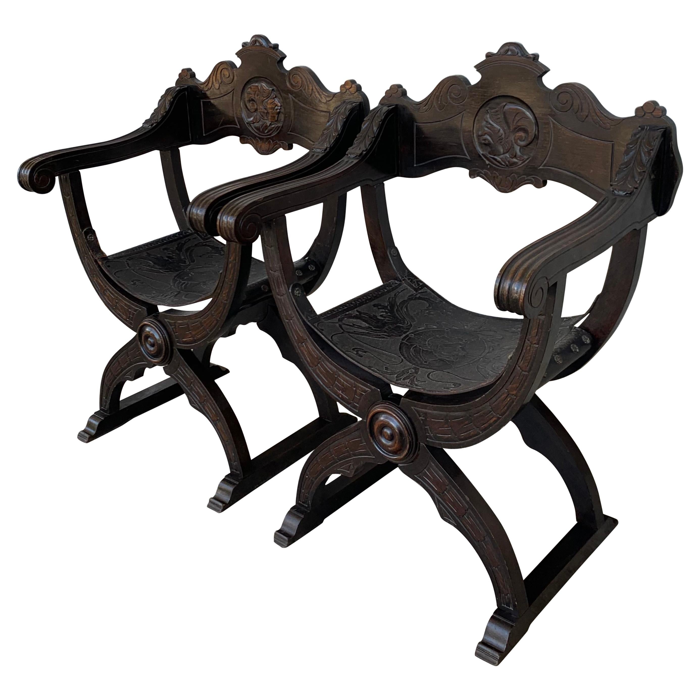 19th Century Pair of Carved Walnut Tooled Leather Savonarola Bench or Settee For Sale