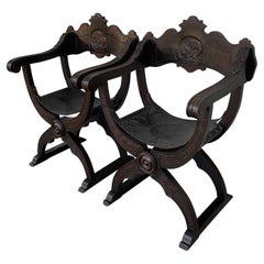 19th Century Pair of Carved Walnut Tooled Leather Savonarola Bench or Settee