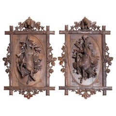 19th Century Pair of Carved Wood Panels with a Hunting Motif