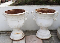 19th Century Pair of Cast Iron French White Garden Urns with Dragon Handles
