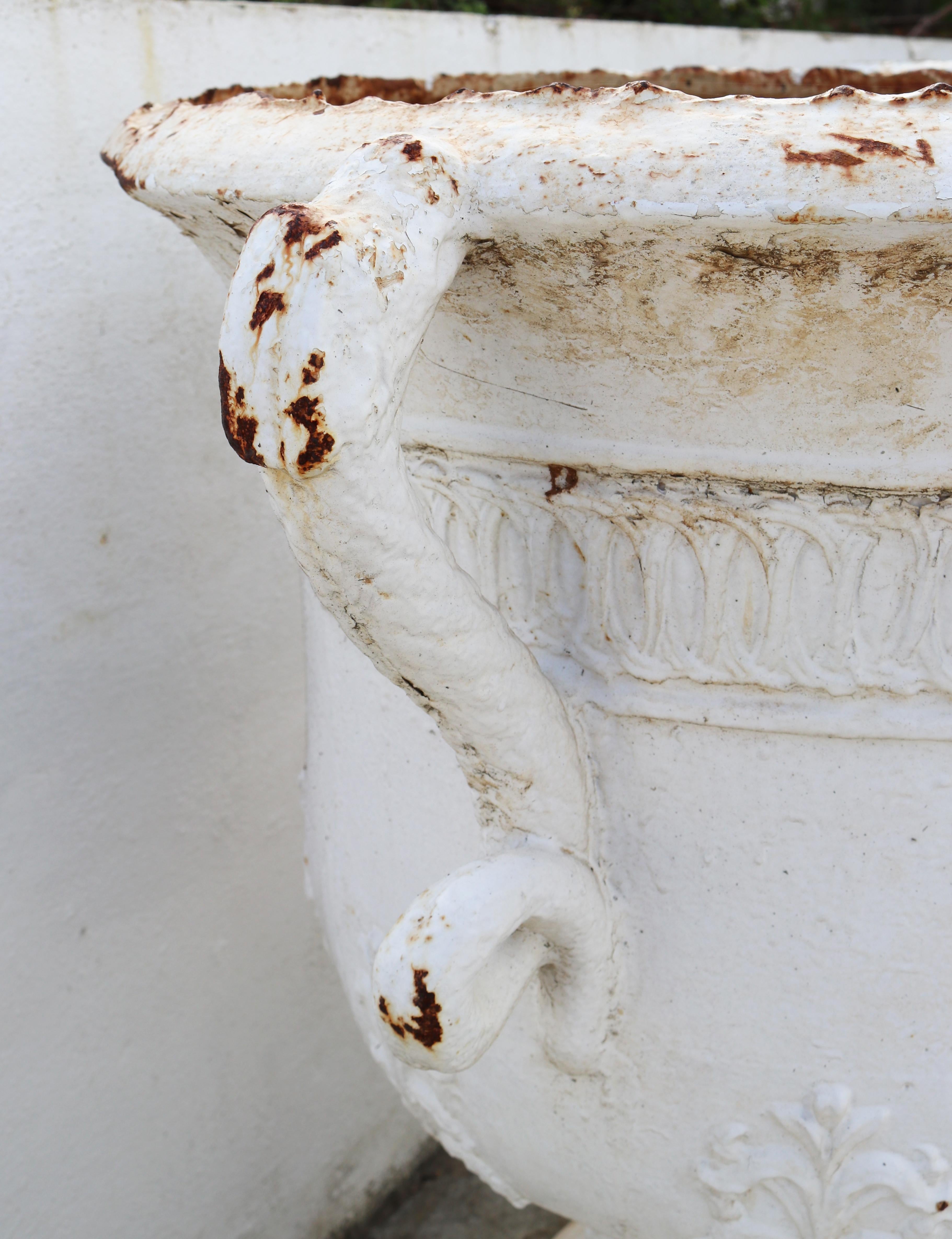 19th Century Pair of Cast Iron French White Garden Urns with Dragon Handles For Sale 3