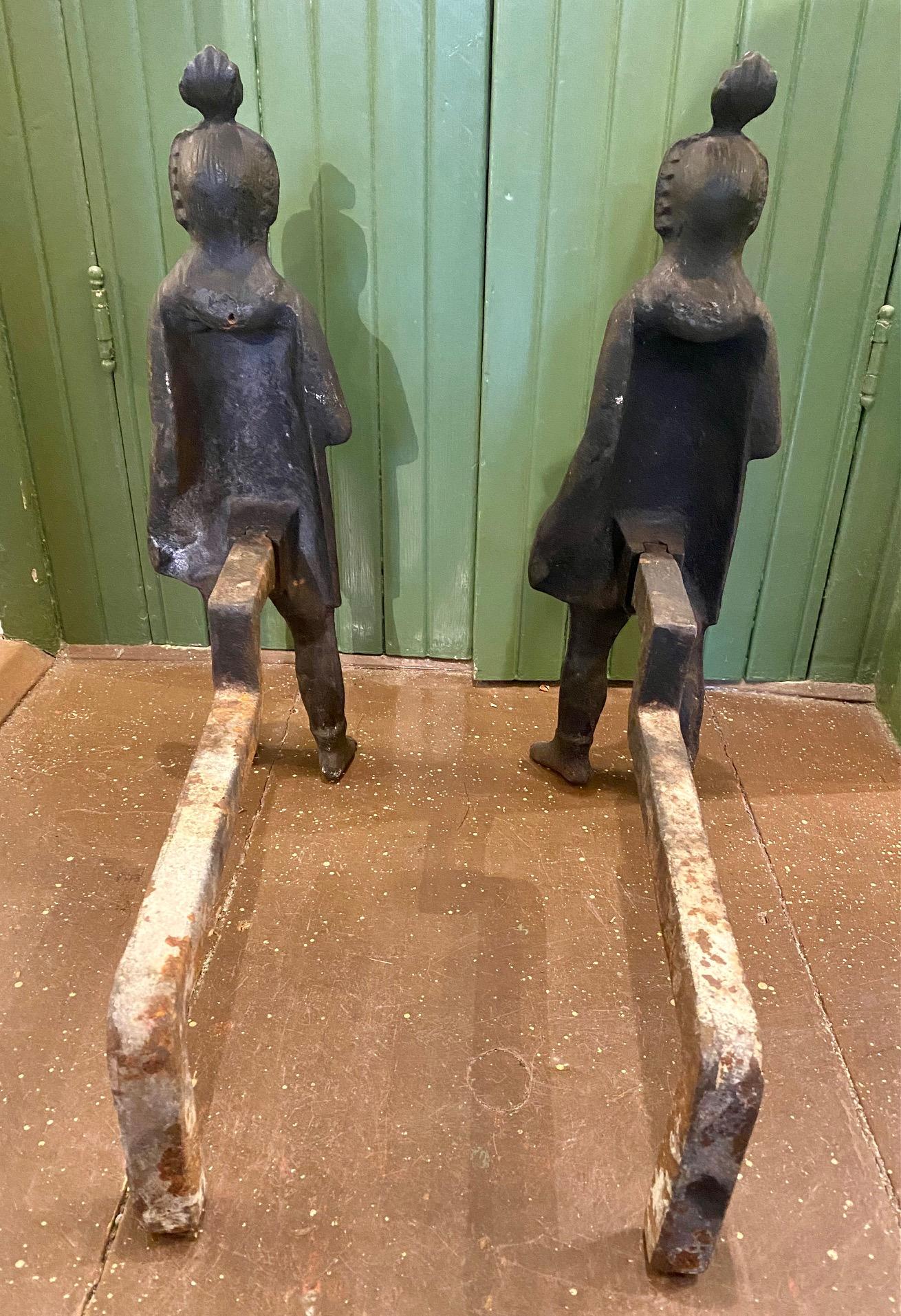 19th Century Pair of Cast Iron Native American Andirons, circa 1880 For Sale 1