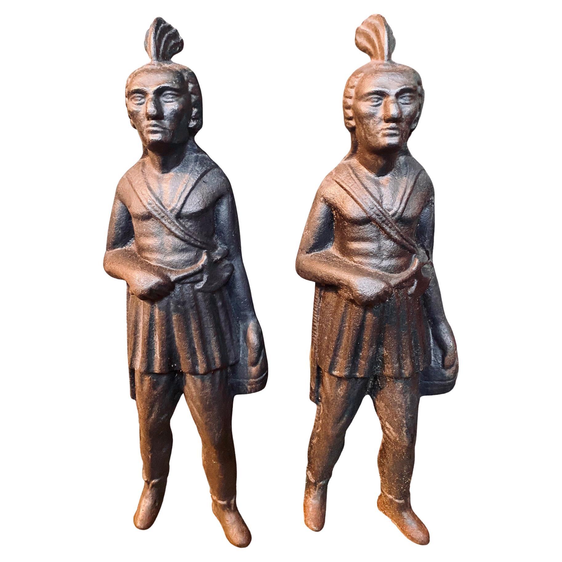 19th Century Pair of Cast Iron Native American Andirons, circa 1880 For Sale