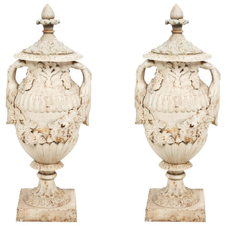 19th Century Pair of Cast Iron Urns For Sale