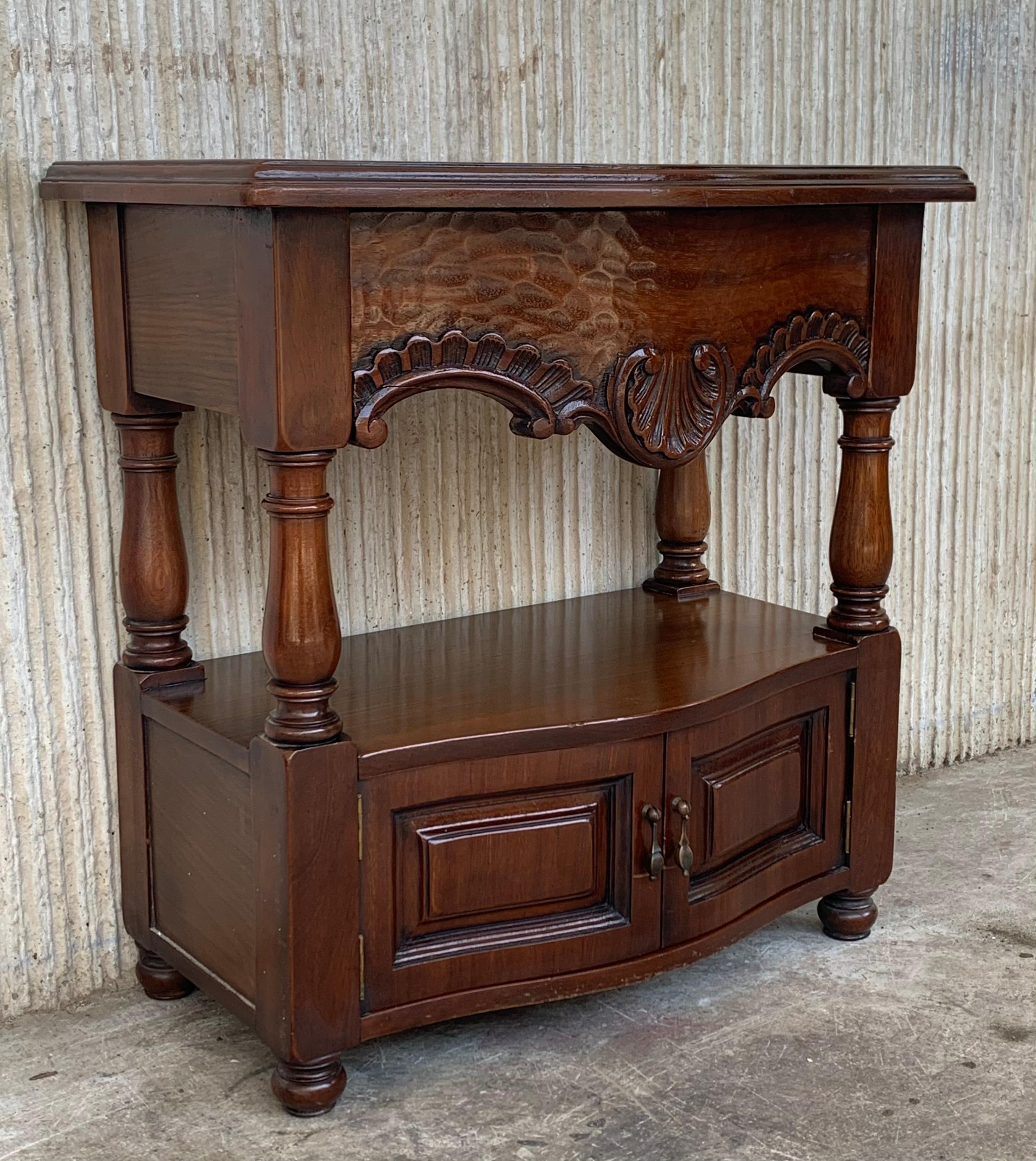 Spanish Colonial 19th Century Pair of Catalan, Spanish Nightstands with Drawers & Low Open Shelf For Sale