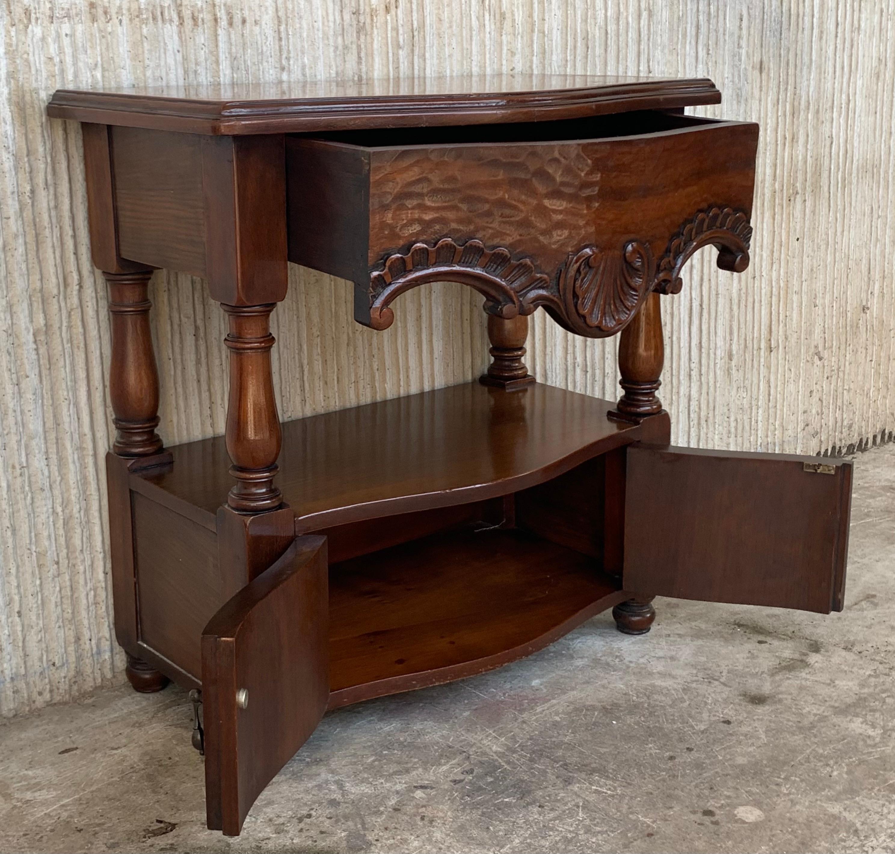 Walnut 19th Century Pair of Catalan, Spanish Nightstands with Drawers & Low Open Shelf For Sale