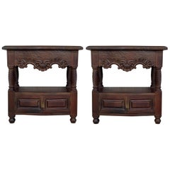 19th Century Pair of Catalan, Spanish Nightstands with Drawers & Low Open Shelf