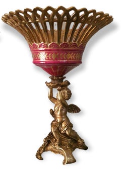 19th Century, Pair of Centerpieces in Gilded Bronze and Porcelain