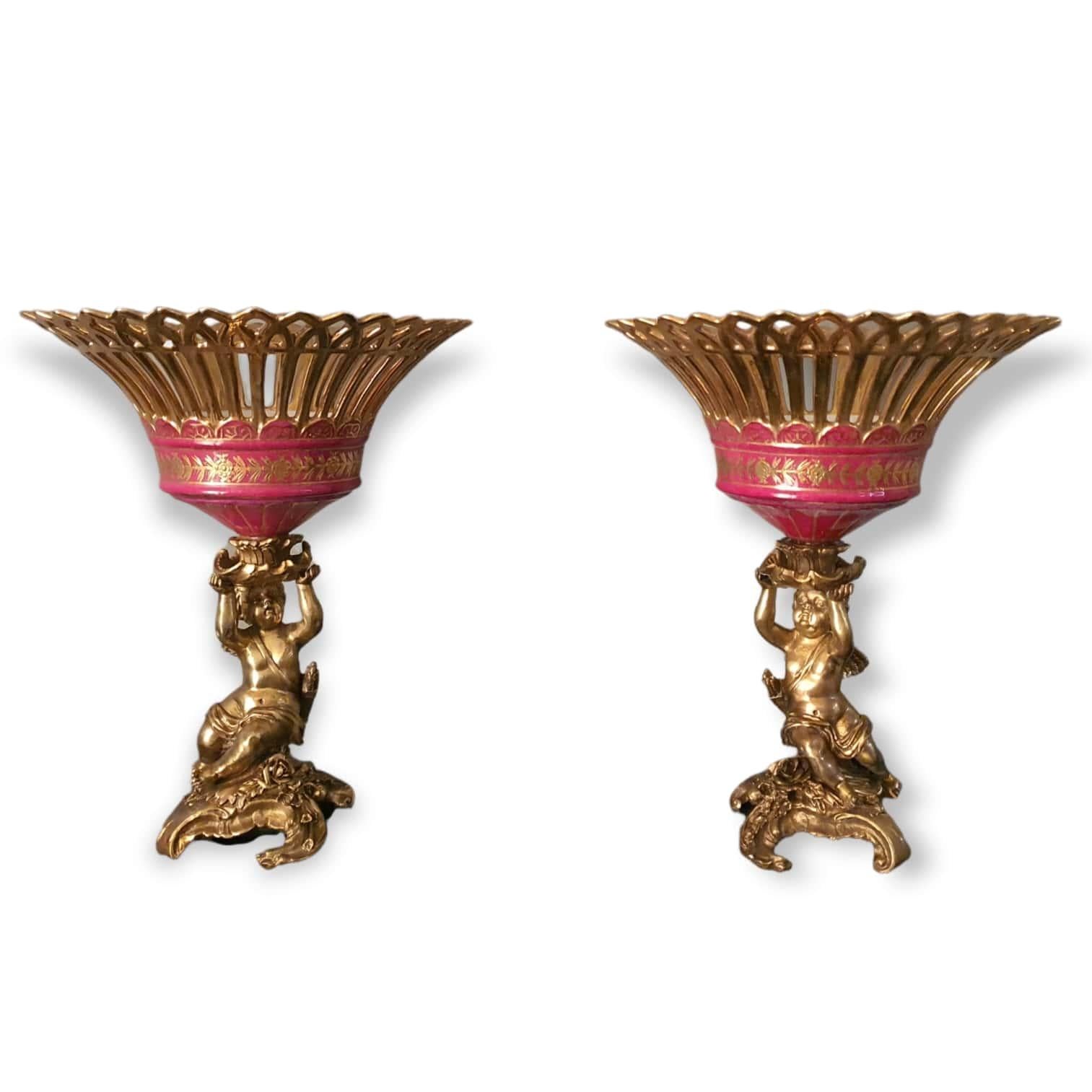Gilt 19th Century, Pair of Centerpieces in Gilded Bronze and Porcelain For Sale