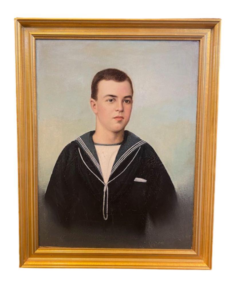 19th Century Pair of China Trade Portraits of an American Sailor and His Wife, circa 1890s, two oil on canvas half length portraits of a young American Navy seaman (identified by his uniform... only American sailor blouses had pockets), and his wife