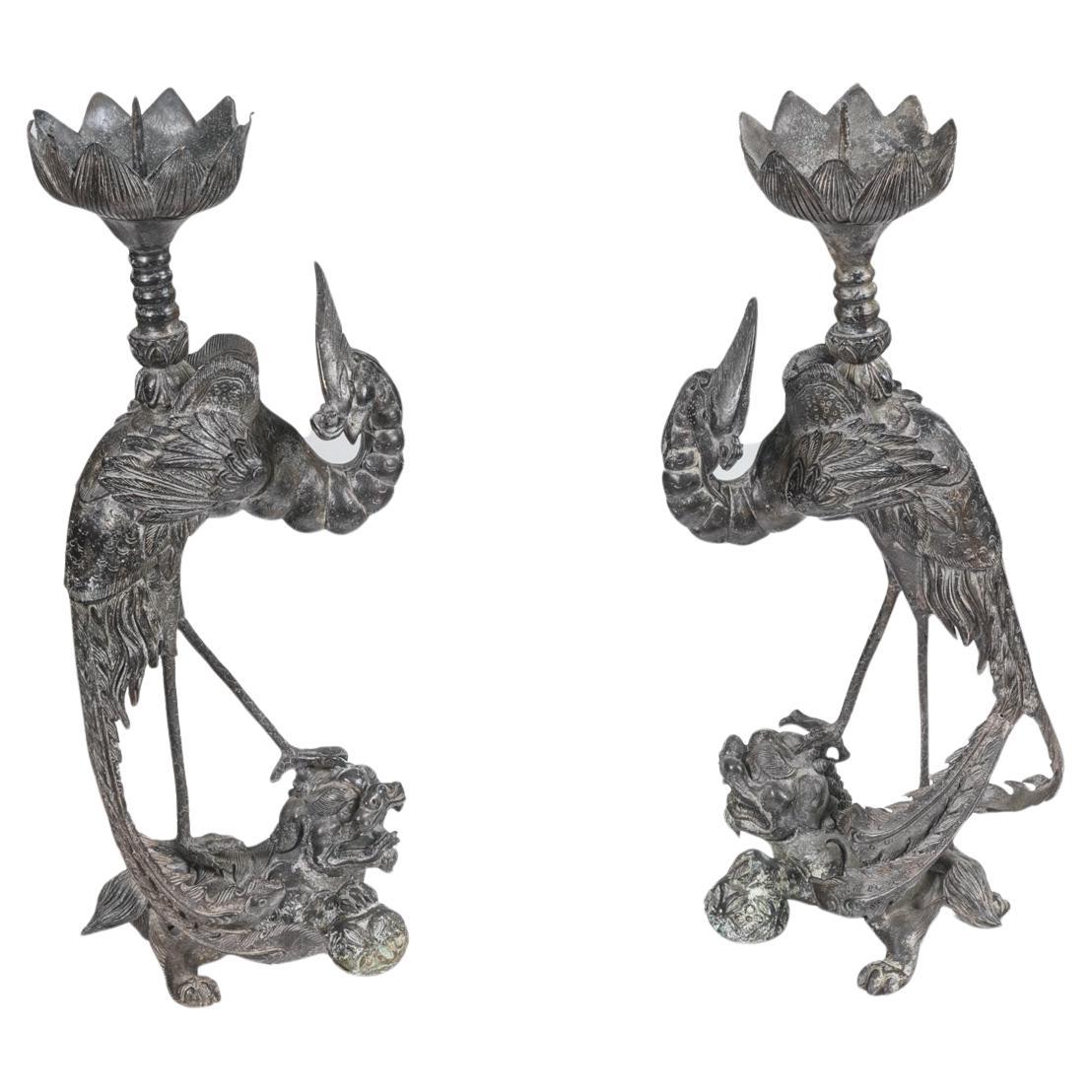 19th Century Pair of Chinese Bronze Candle Holders