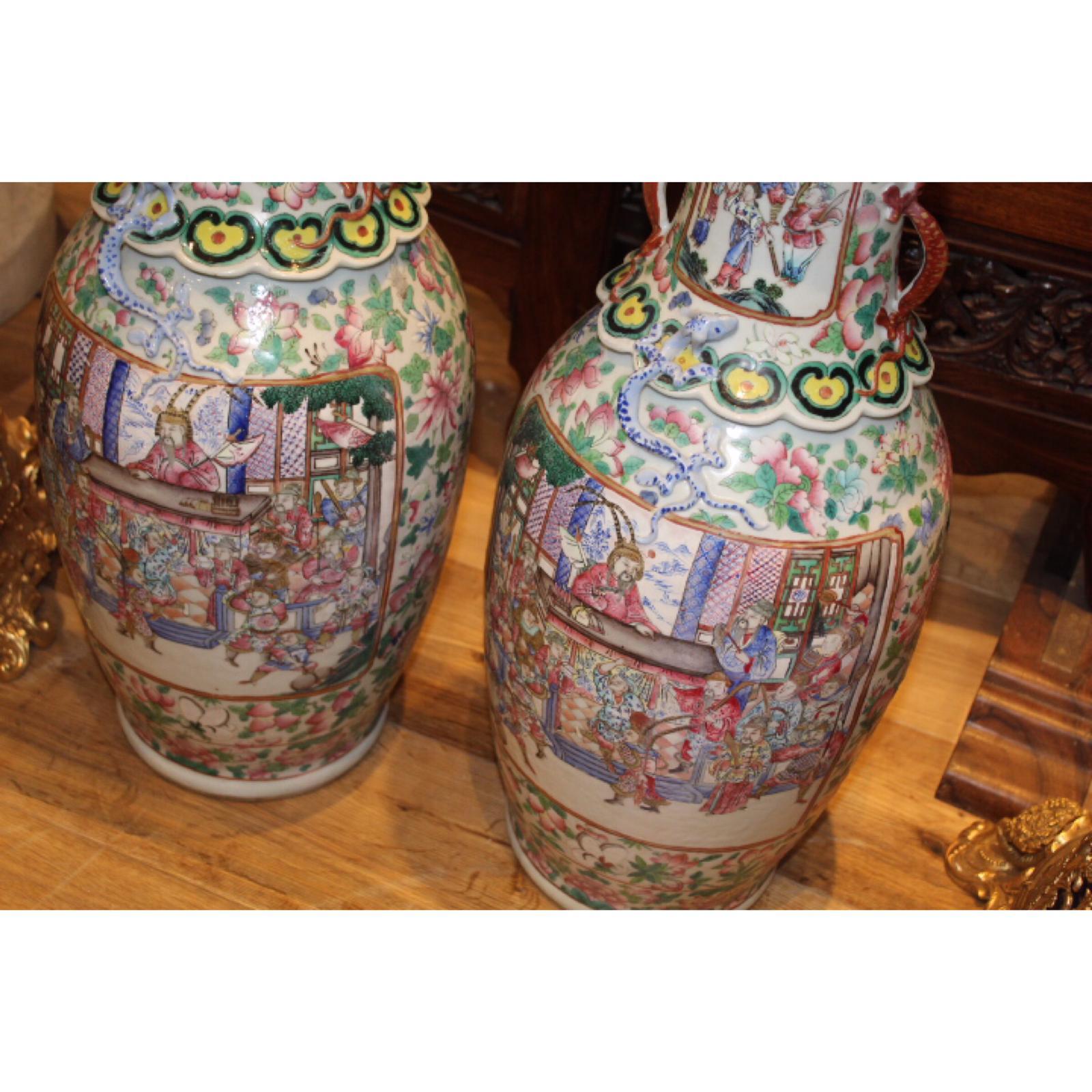 Other 19th Century, Pair of Chinese Canton Famille Rose Baluster Vases, China