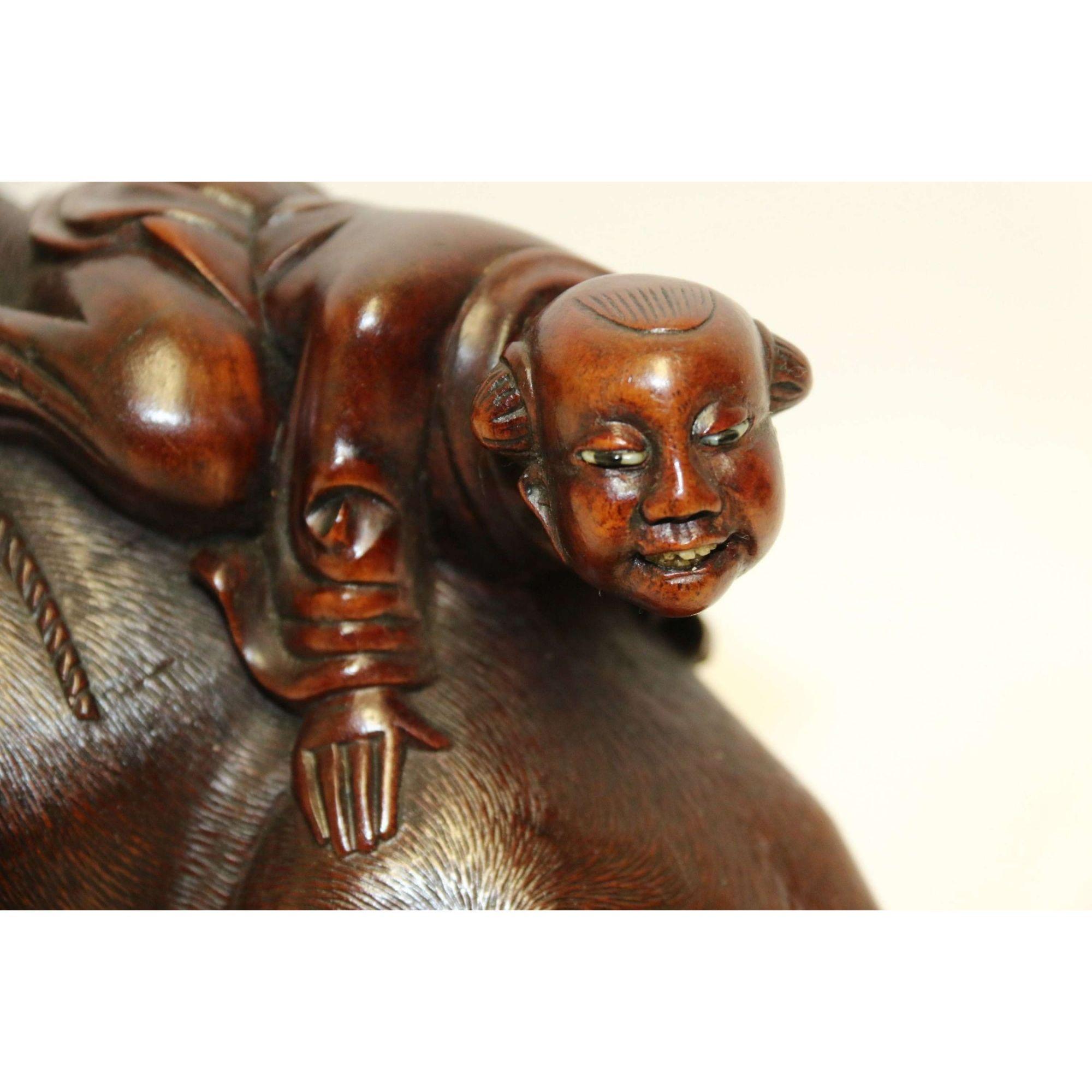19th Century Pair of Chinese Carved Hardwood Water Buffalos on Stands For Sale 5
