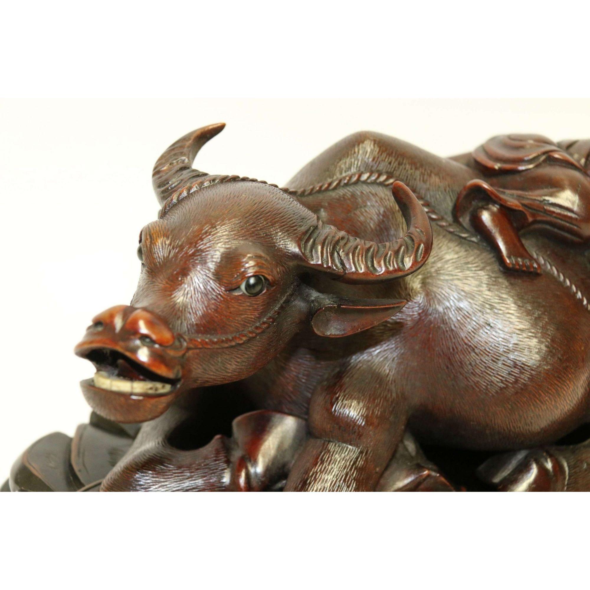 19th Century Pair of Chinese Carved Hardwood Water Buffalos on Stands For Sale 7