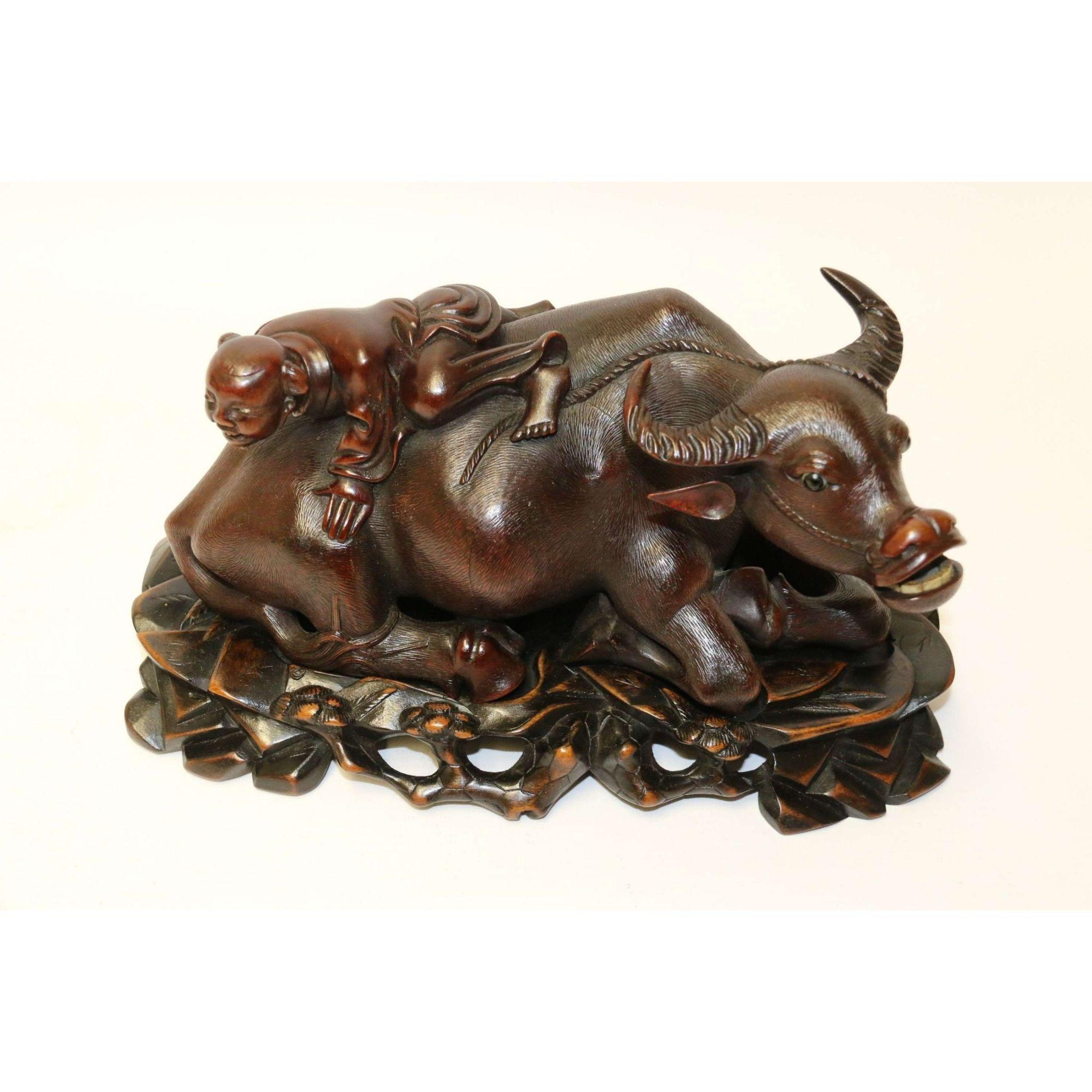 19th Century Pair of Chinese Carved Hardwood Water Buffalos on Stands For Sale 11