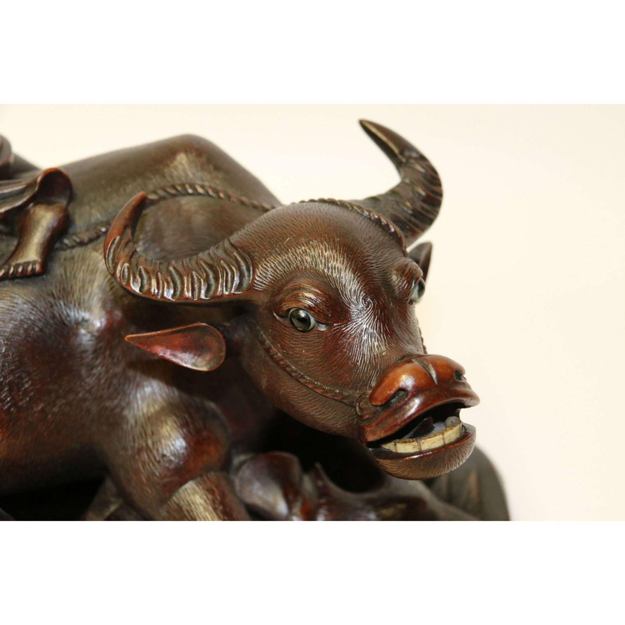 19th Century Pair of Chinese Carved Hardwood Water Buffalos on Stands For Sale 12