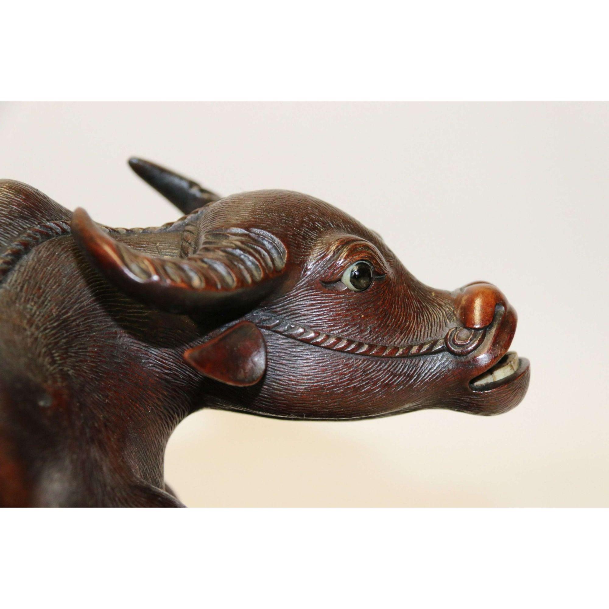 19th Century Pair of Chinese Carved Hardwood Water Buffalos on Stands For Sale 15