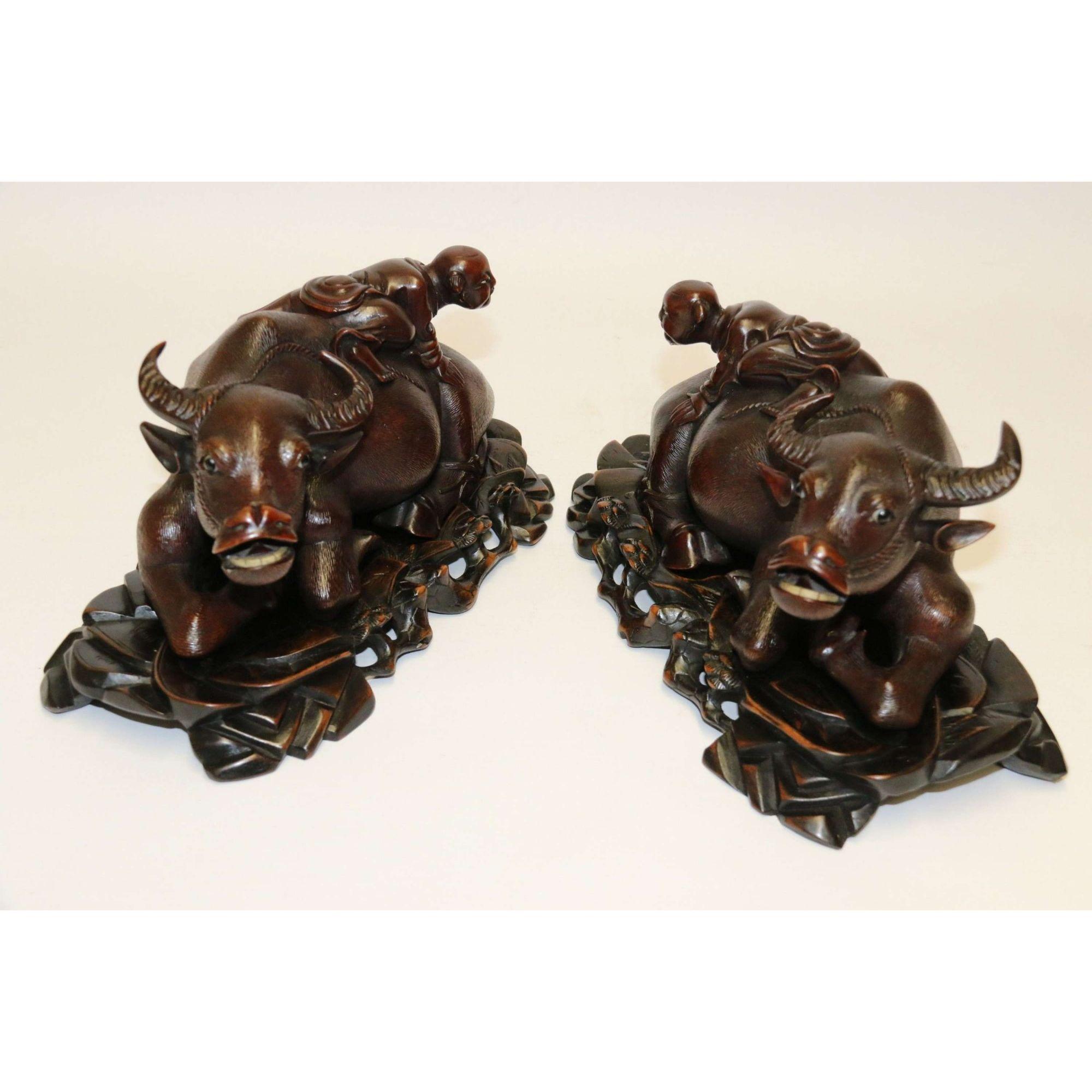 19th Century Pair of Chinese Carved Hardwood Water Buffalos on Stands In Good Condition For Sale In Central England, GB