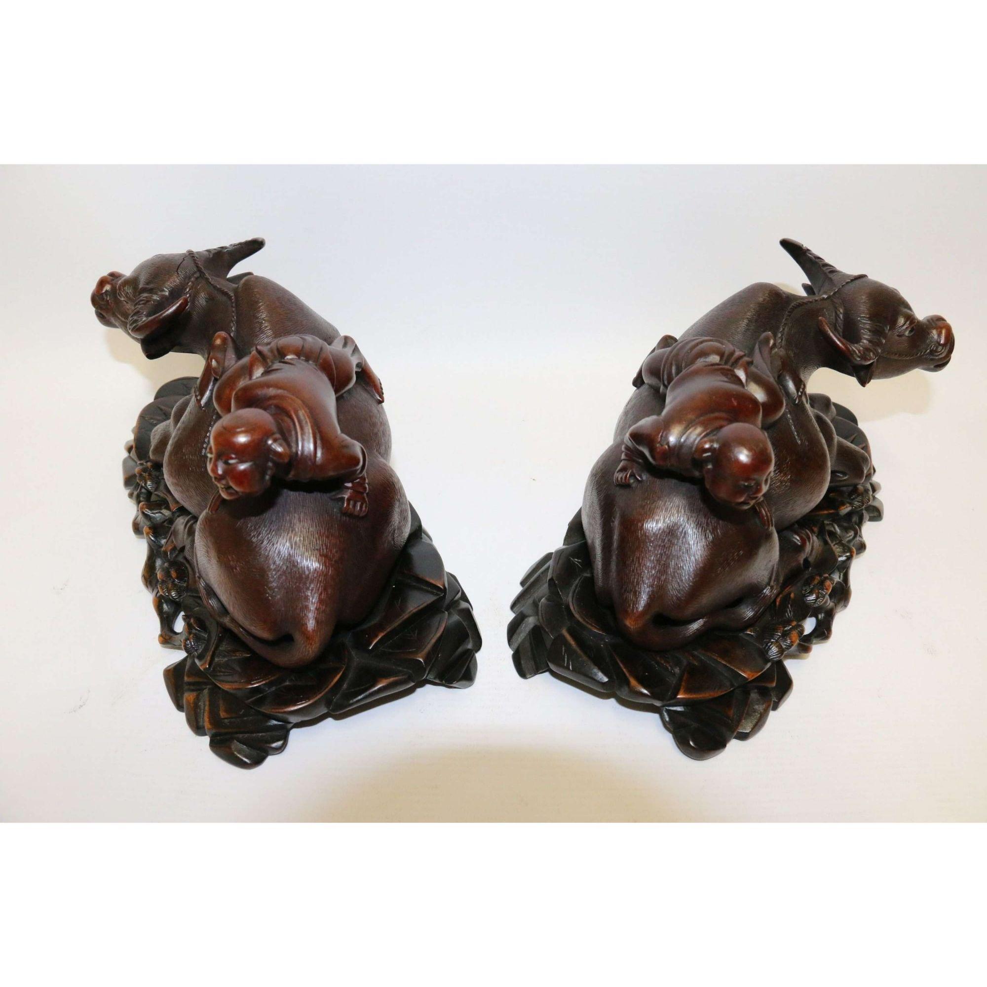 19th Century Pair of Chinese Carved Hardwood Water Buffalos on Stands For Sale 1