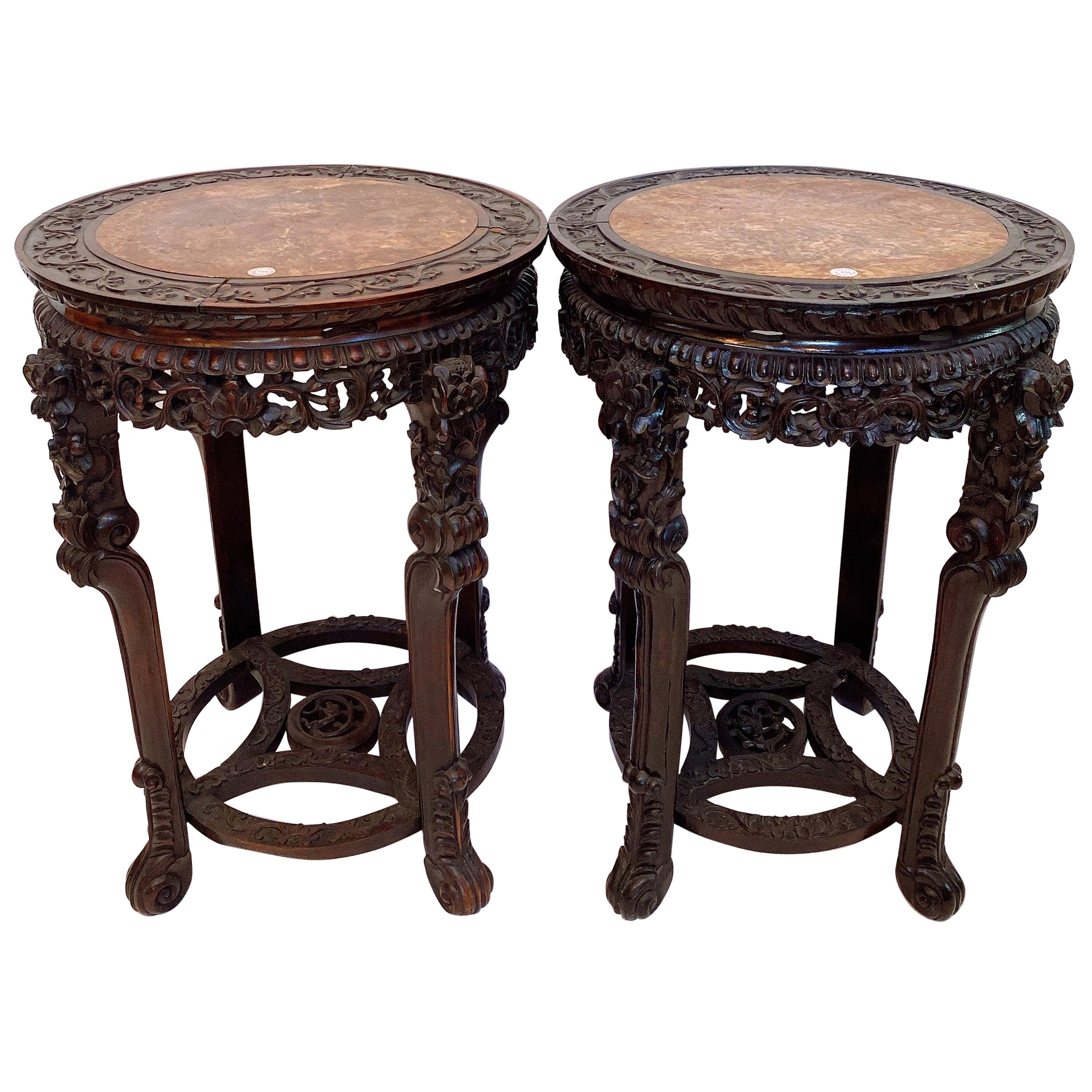 19th Century Pair of Chinese Carved Rosewood Flower Stands Marble-Top