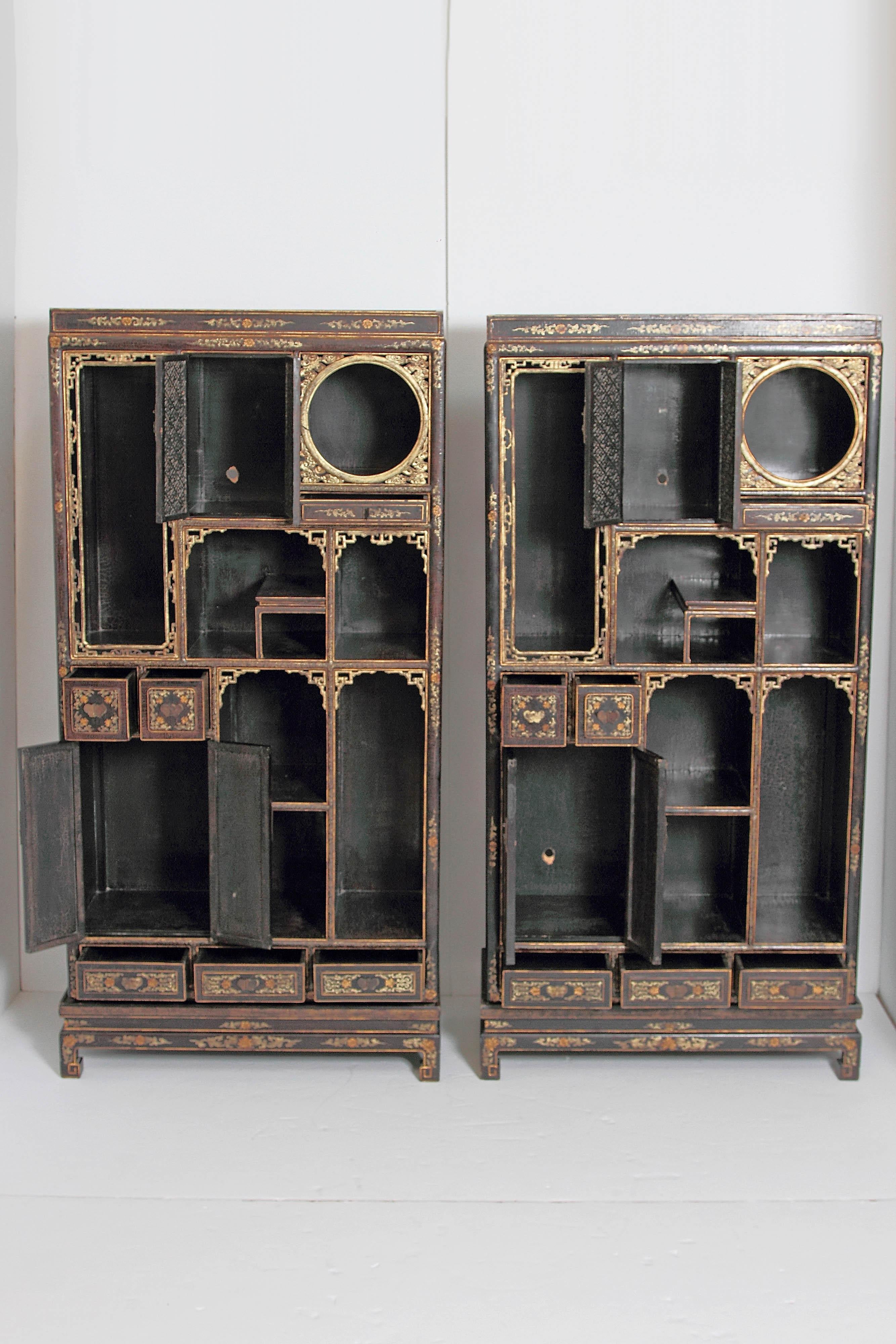 Japanned Pair of Chinese Black Lacquer Display Cabinets