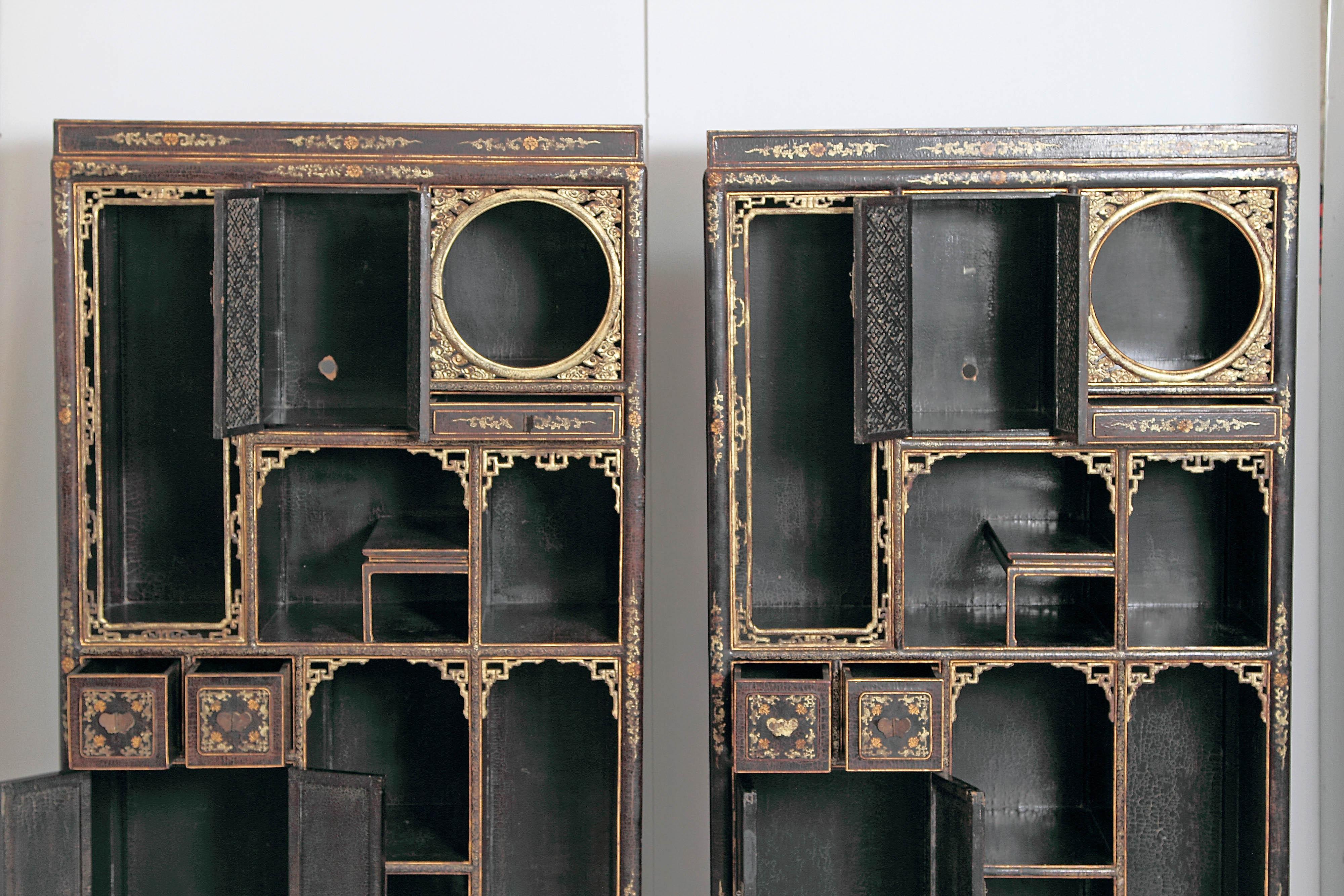 Pair of Chinese Black Lacquer Display Cabinets In Good Condition In Dallas, TX