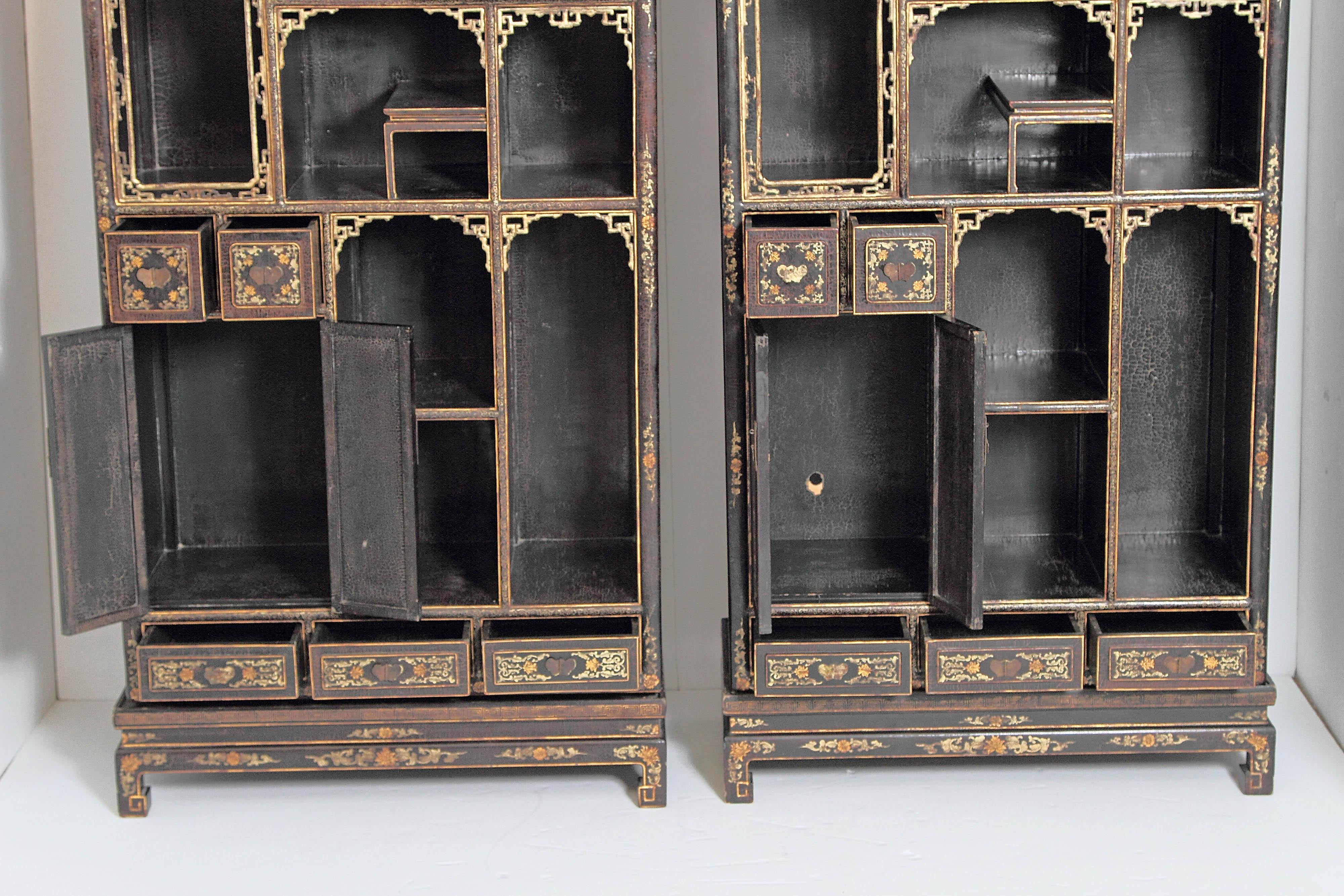 20th Century Pair of Chinese Black Lacquer Display Cabinets