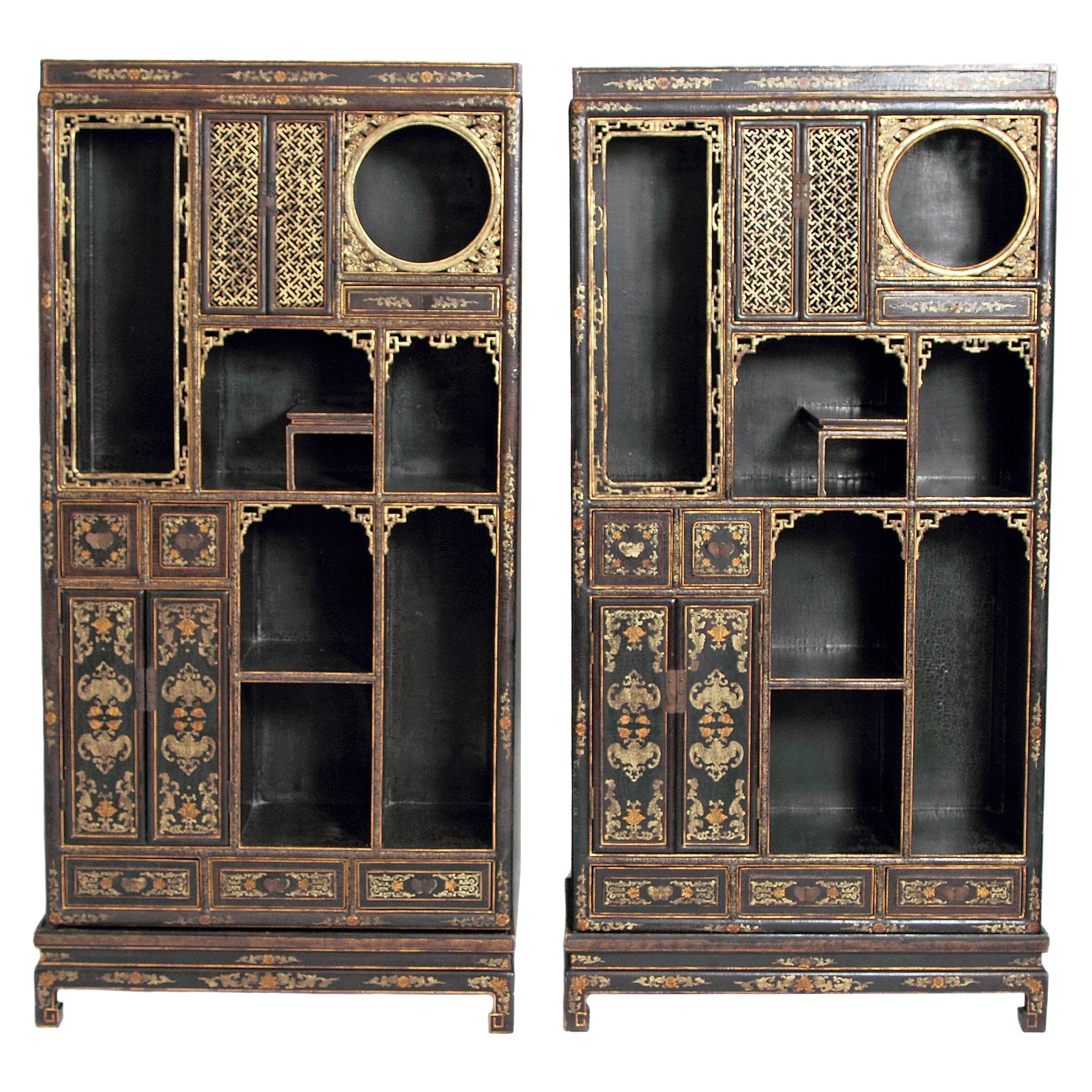 Pair of Chinese Black Lacquer Display Cabinets
