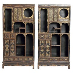 Pair of Chinese Black Lacquer Display Cabinets