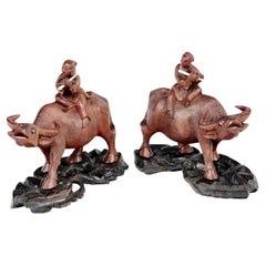 19th Century Pair of Chinese Hardwood Buffalo & Boys with Bone Flutes