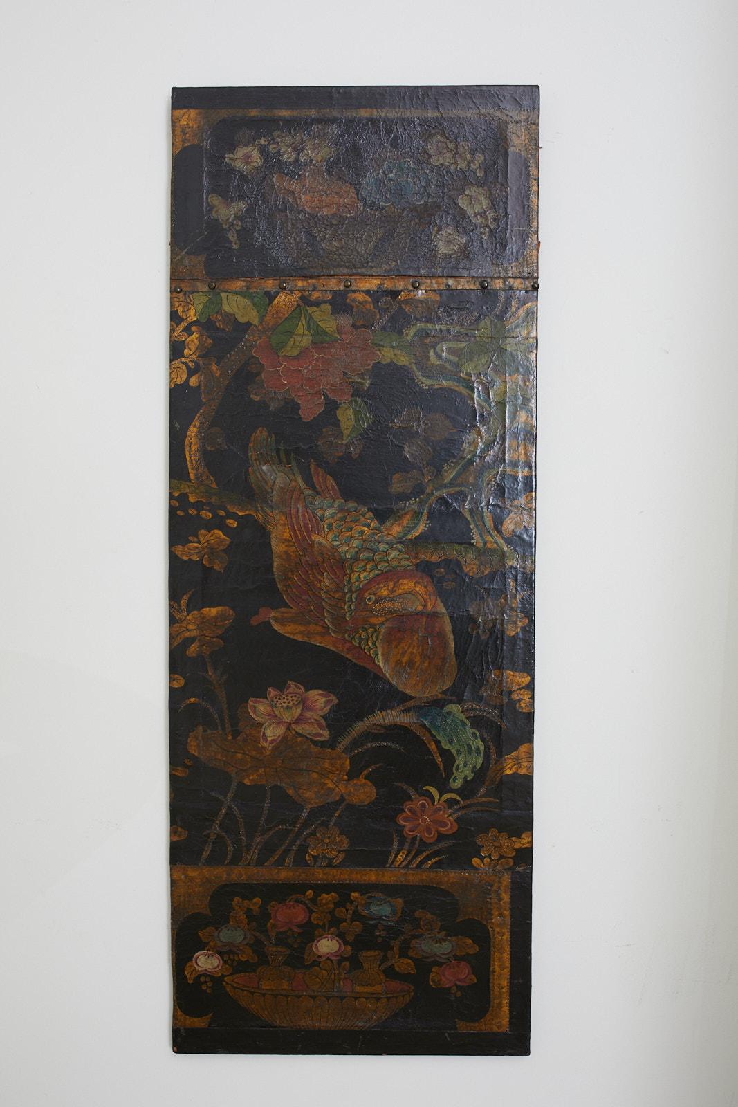 19th Century Pair of Chinese Polychrome Decorated Leather Panels 8