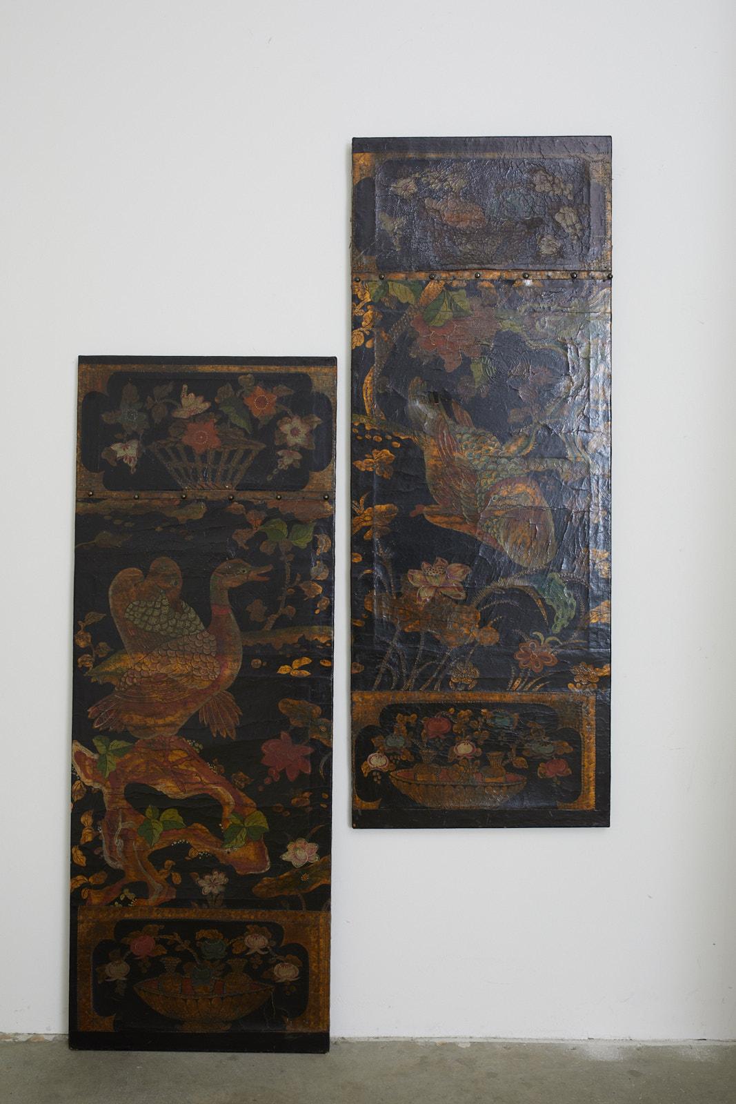 19th Century Pair of Chinese Polychrome Decorated Leather Panels 9