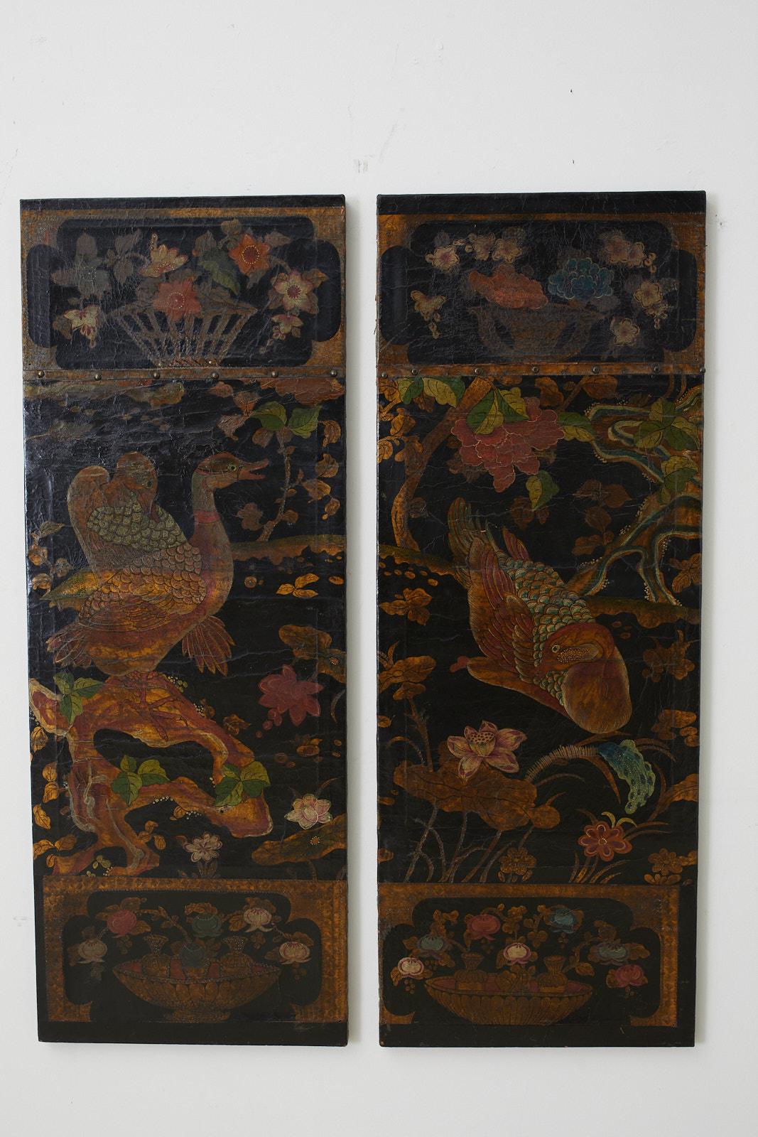 Qing 19th Century Pair of Chinese Polychrome Decorated Leather Panels