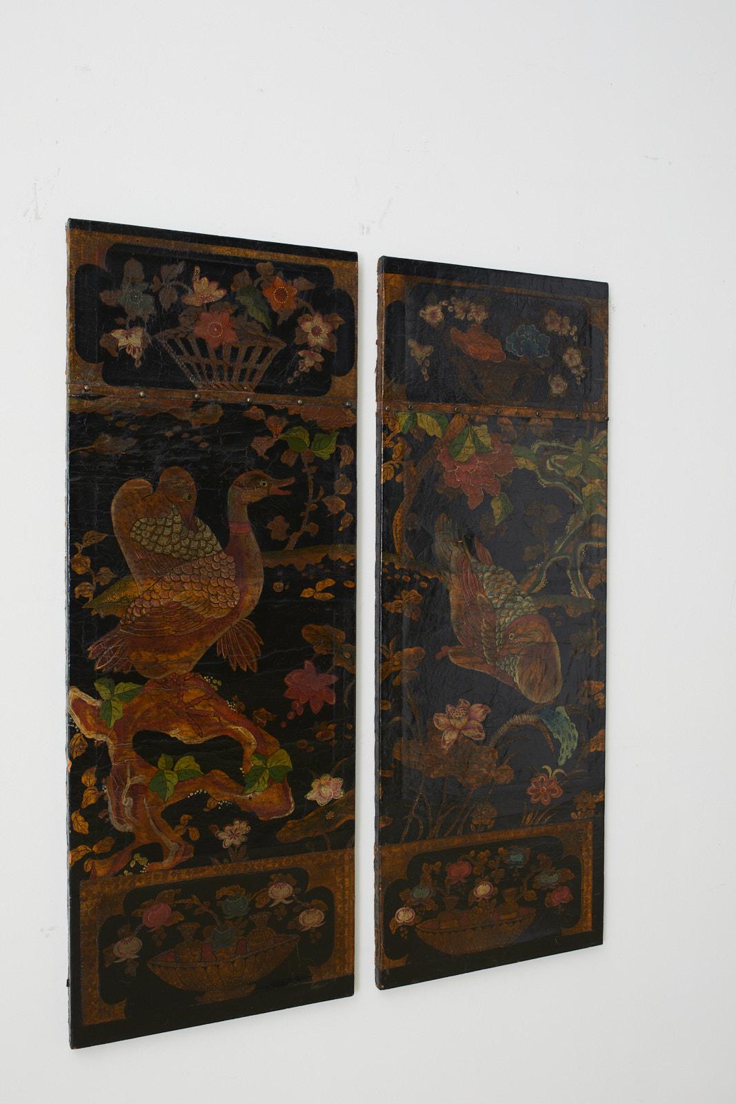 Hand-Crafted 19th Century Pair of Chinese Polychrome Decorated Leather Panels