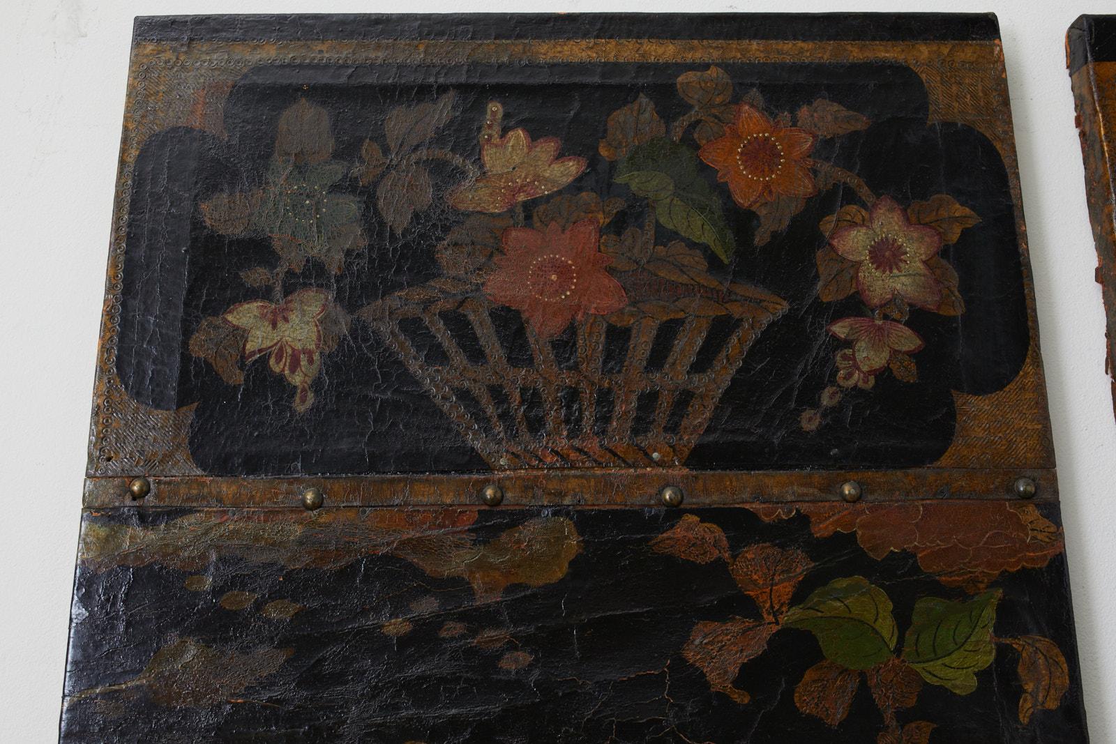 19th Century Pair of Chinese Polychrome Decorated Leather Panels In Distressed Condition In Rio Vista, CA