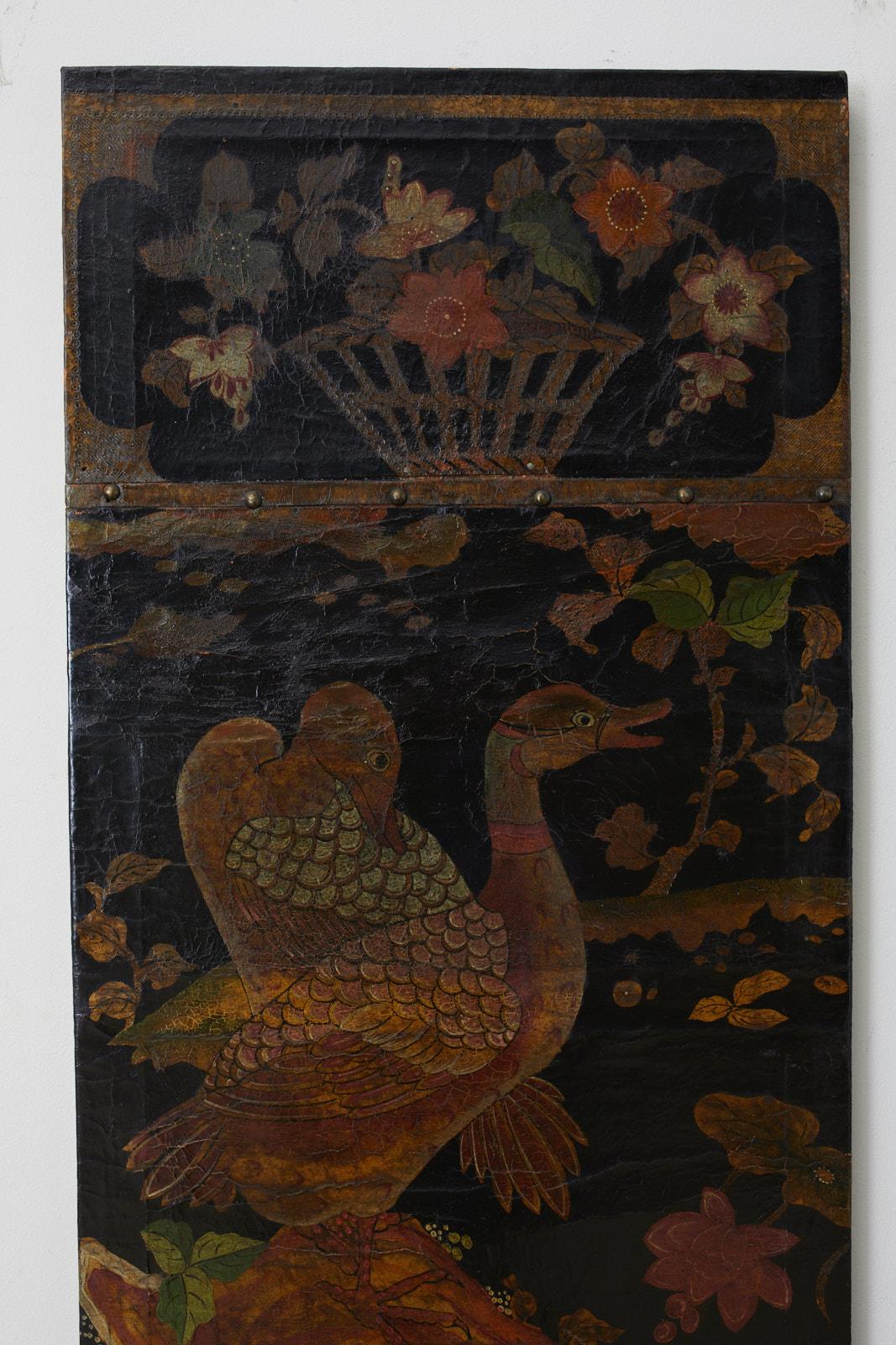 Brass 19th Century Pair of Chinese Polychrome Decorated Leather Panels