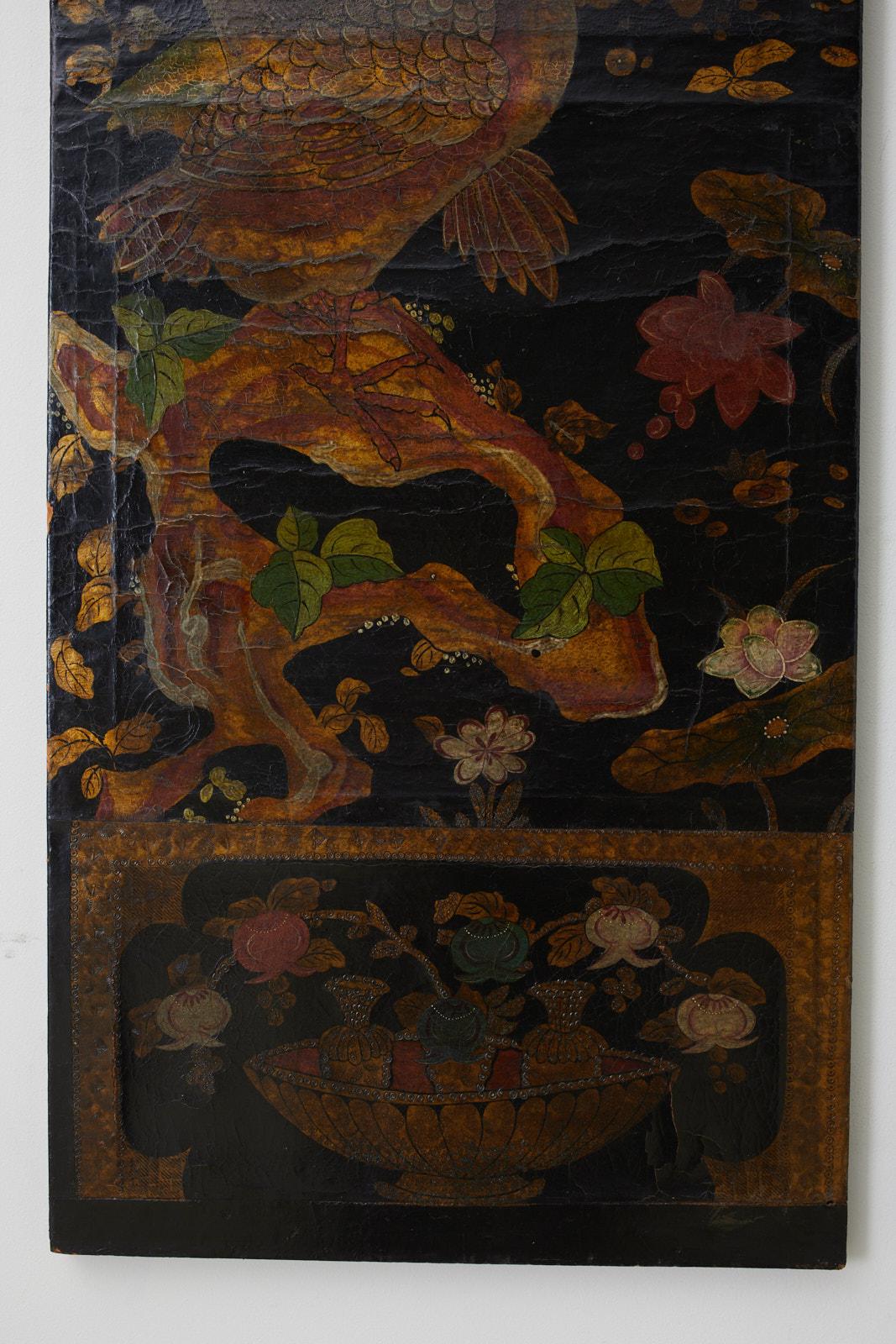 19th Century Pair of Chinese Polychrome Decorated Leather Panels 1
