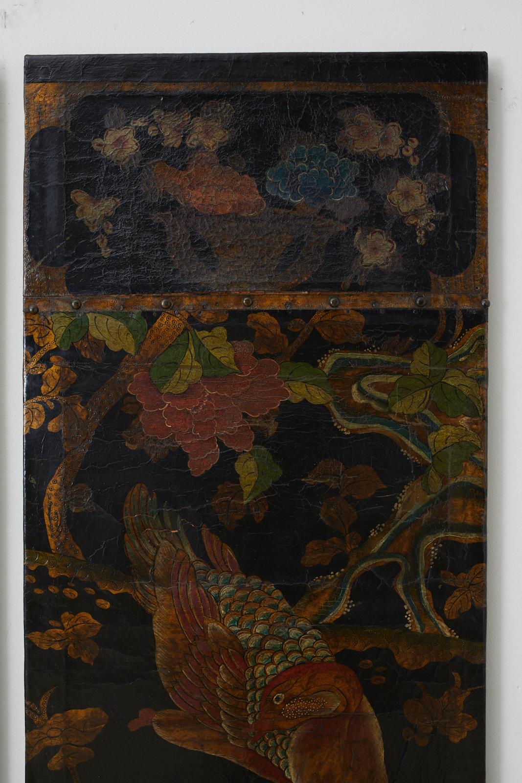 19th Century Pair of Chinese Polychrome Decorated Leather Panels 2