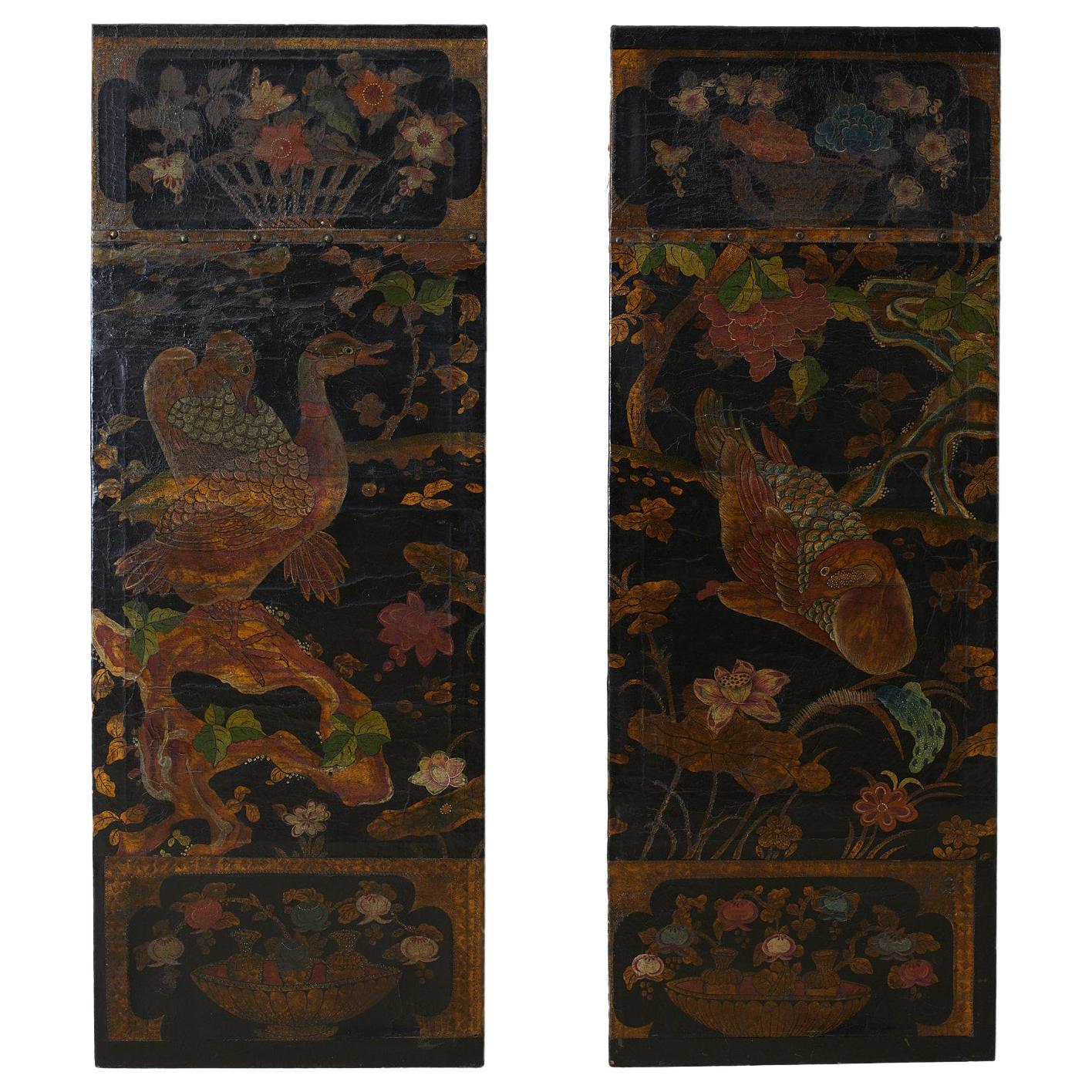 19th Century Pair of Chinese Polychrome Decorated Leather Panels