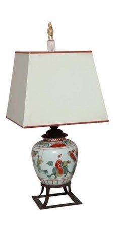 19th Century Pair of Chinese Porcelain Lamps on Patinated Metal Stands