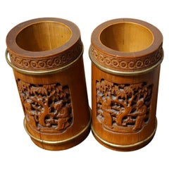 19th Century Pair of Chinese Scholar's Carved Bamboo Brush Pots Brass