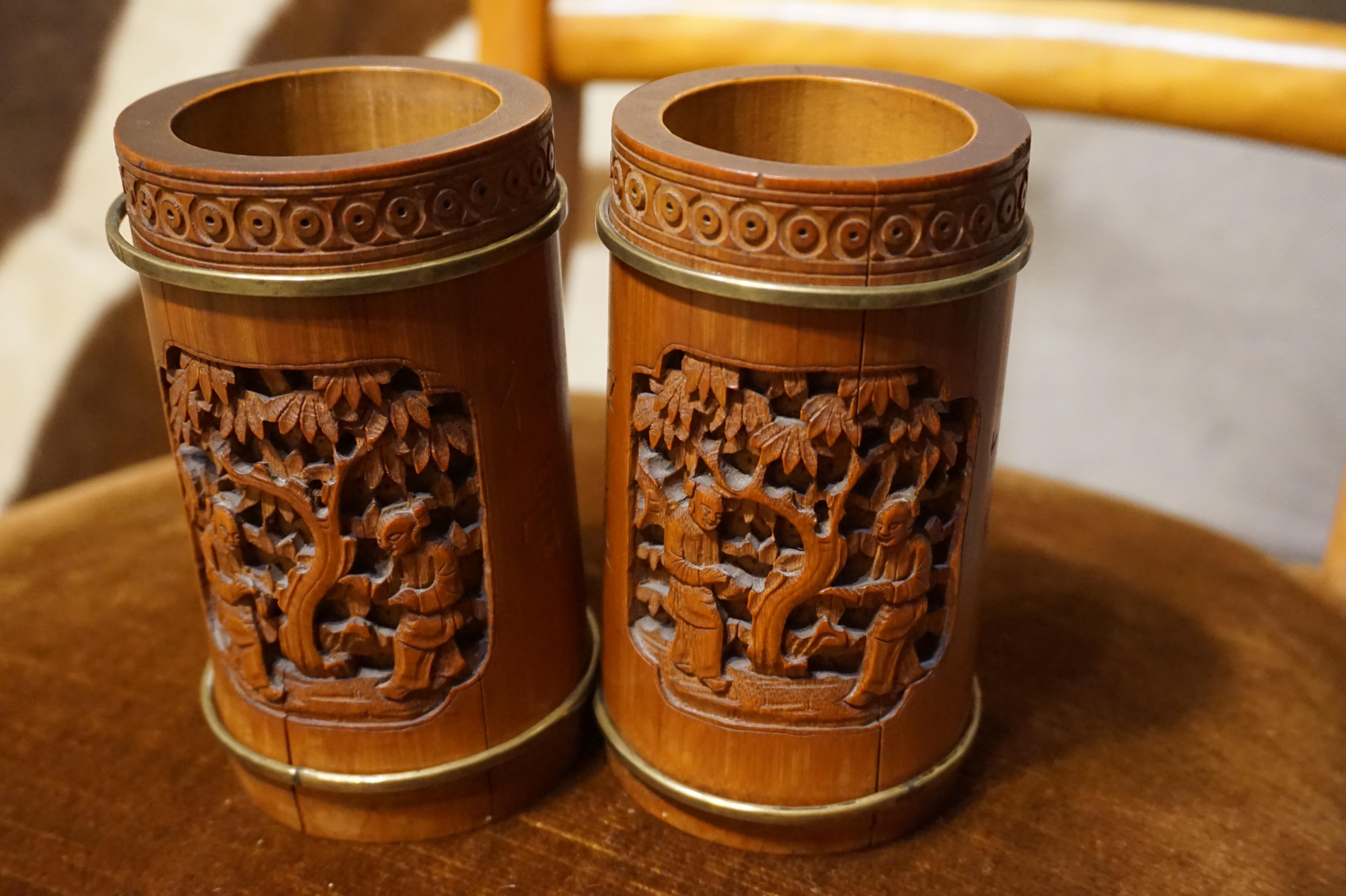 19th Century Pair of Chinese Scholar's Carved Bamboo Brush Pots Brass For Sale 3