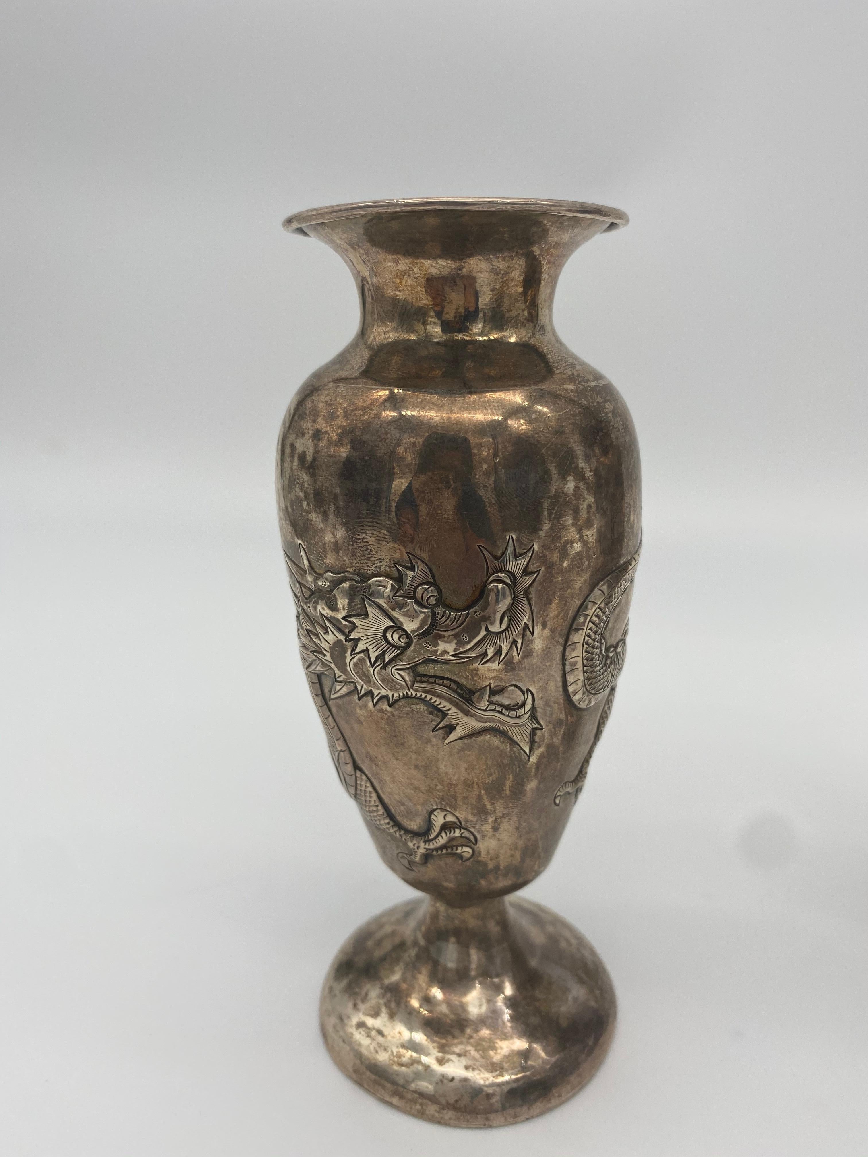 Qing 19th Century Pair of Chinese Silver Dragon Decorated Vases For Sale