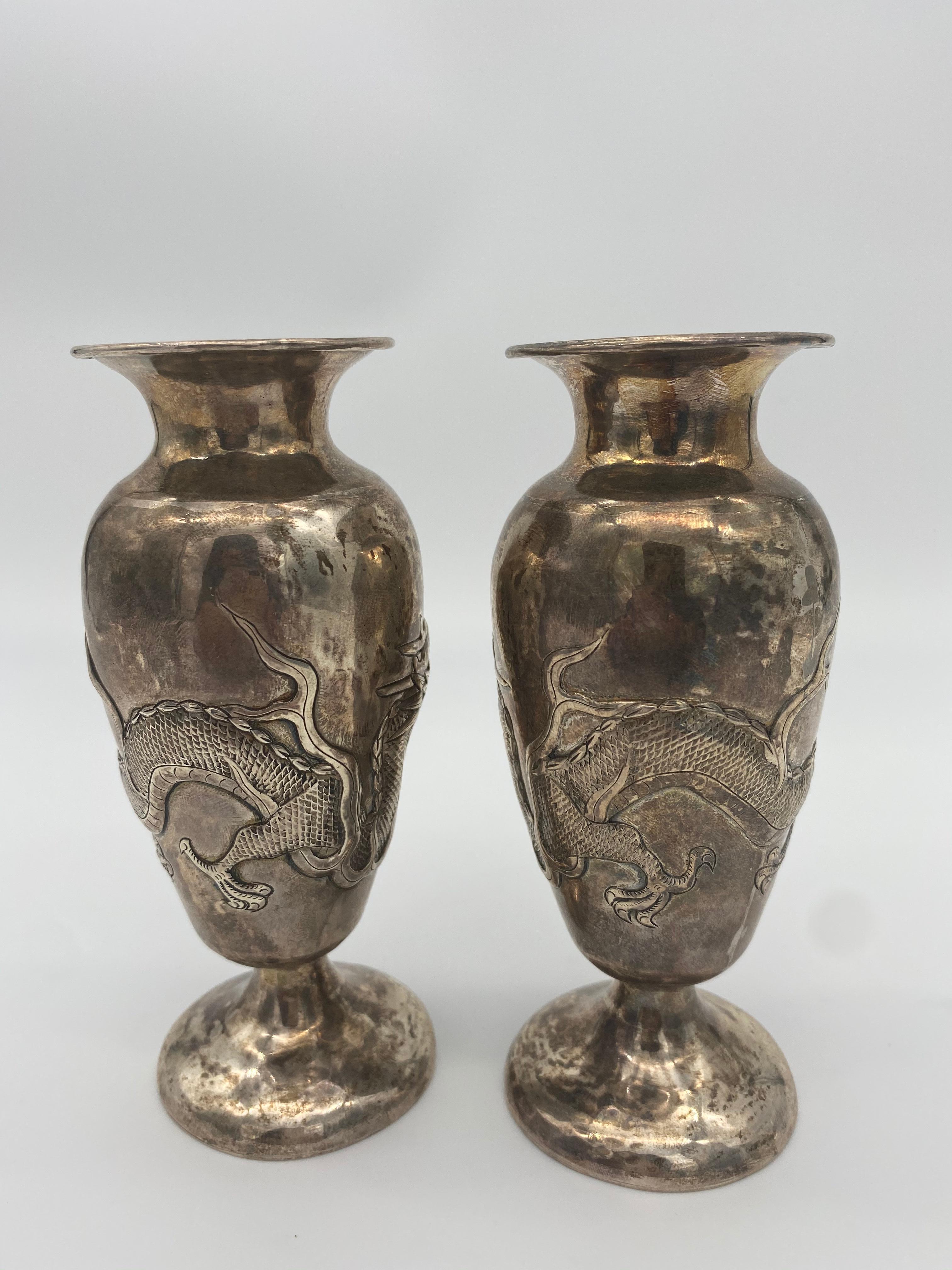 Silvered 19th Century Pair of Chinese Silver Dragon Decorated Vases For Sale