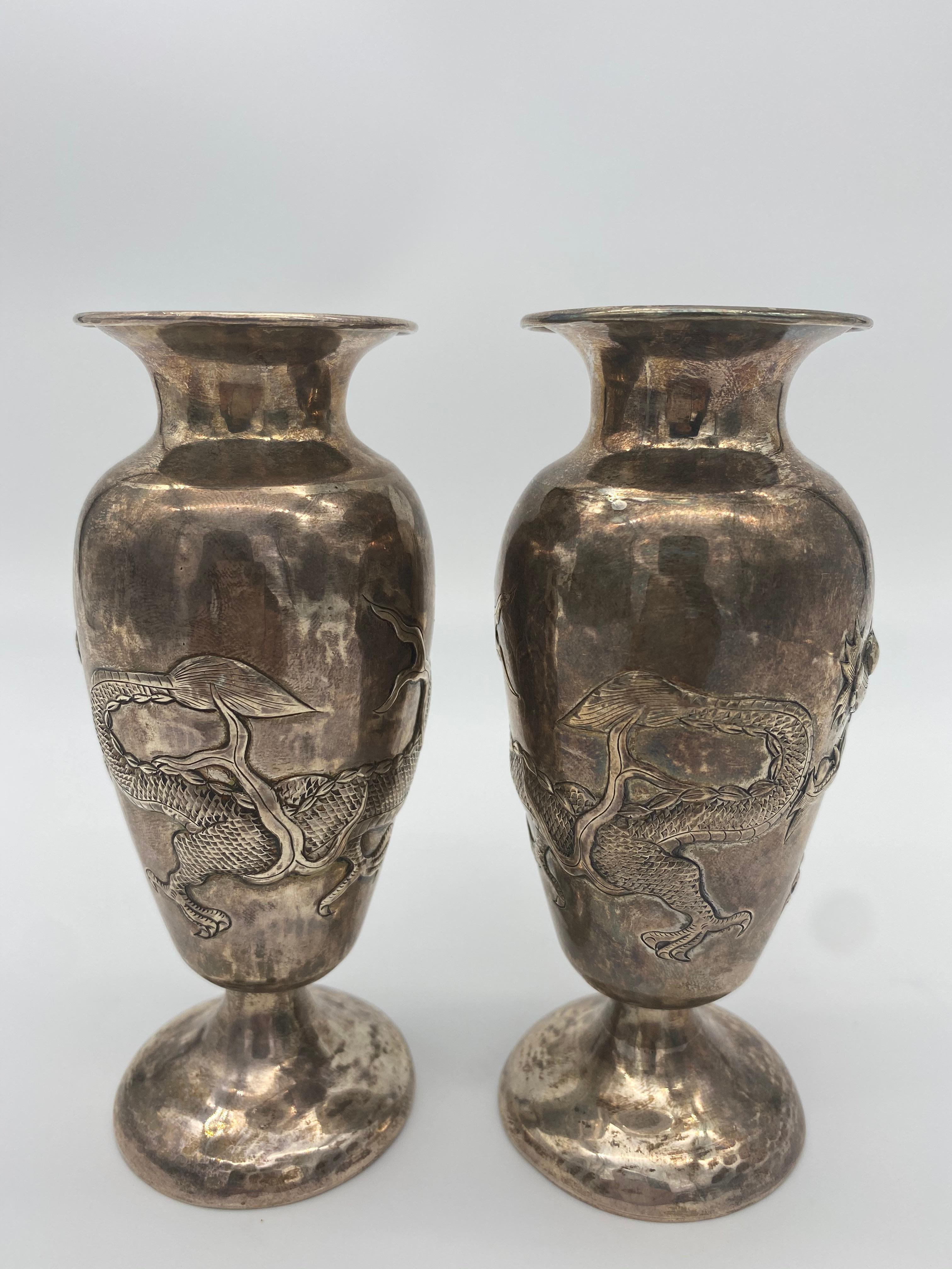 19th Century Pair of Chinese Silver Dragon Decorated Vases In Good Condition For Sale In Brea, CA