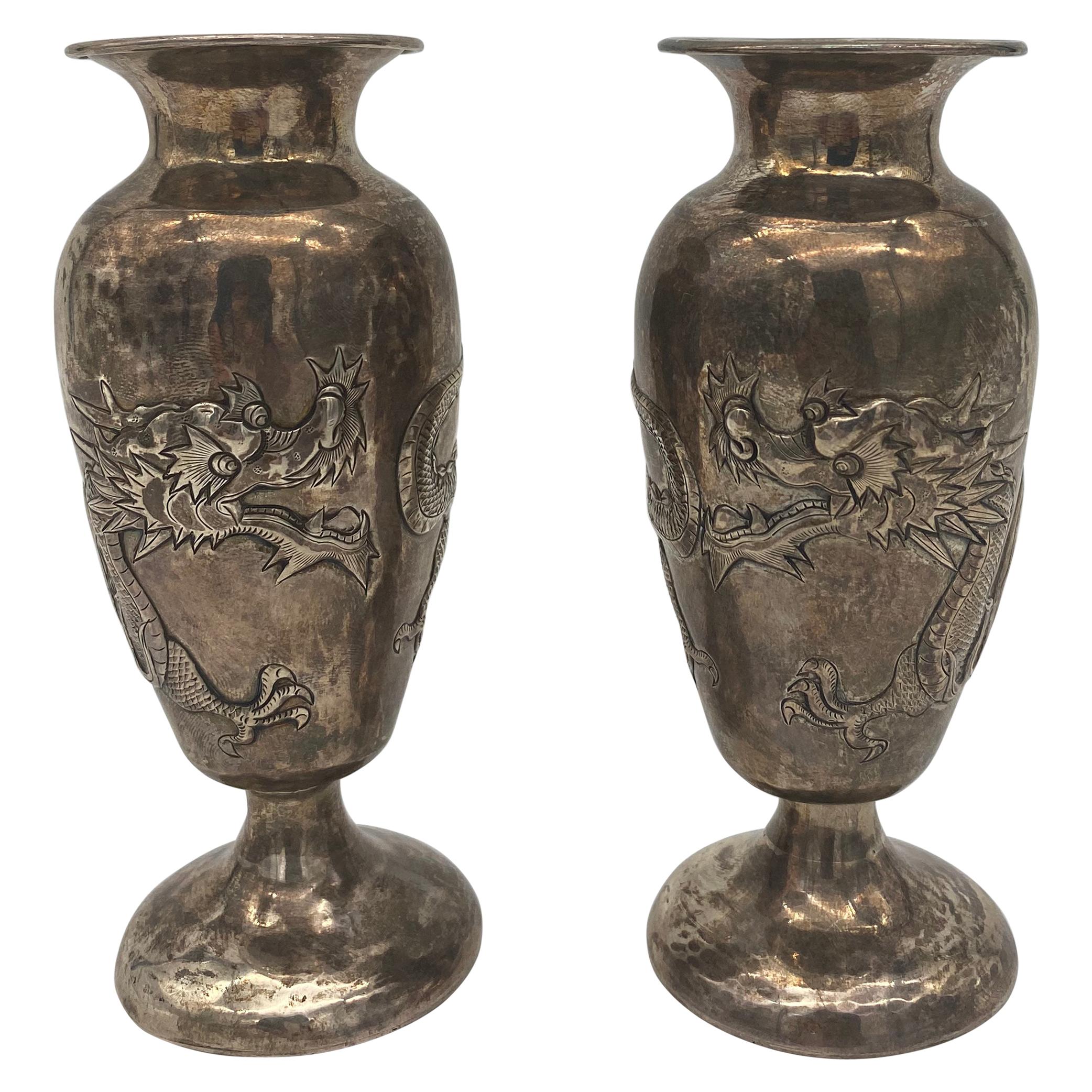 19th Century Pair of Chinese Silver Dragon Decorated Vases