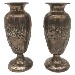 Antique 19th Century Pair of Chinese Silver Dragon Decorated Vases