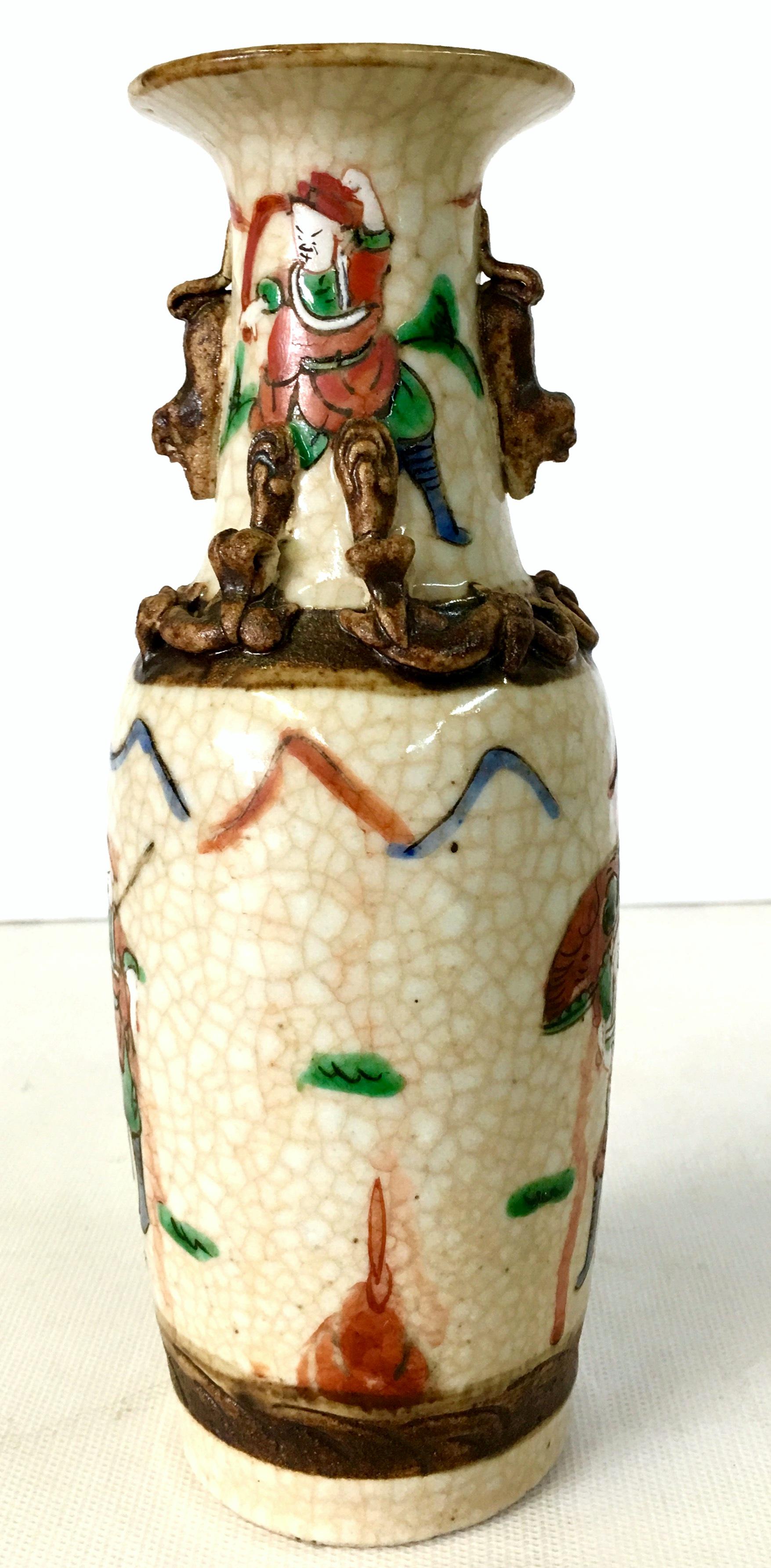 19th Century Pair Of Japanese Warrior Crackle Ware Hand Painted Vases, Signed 2